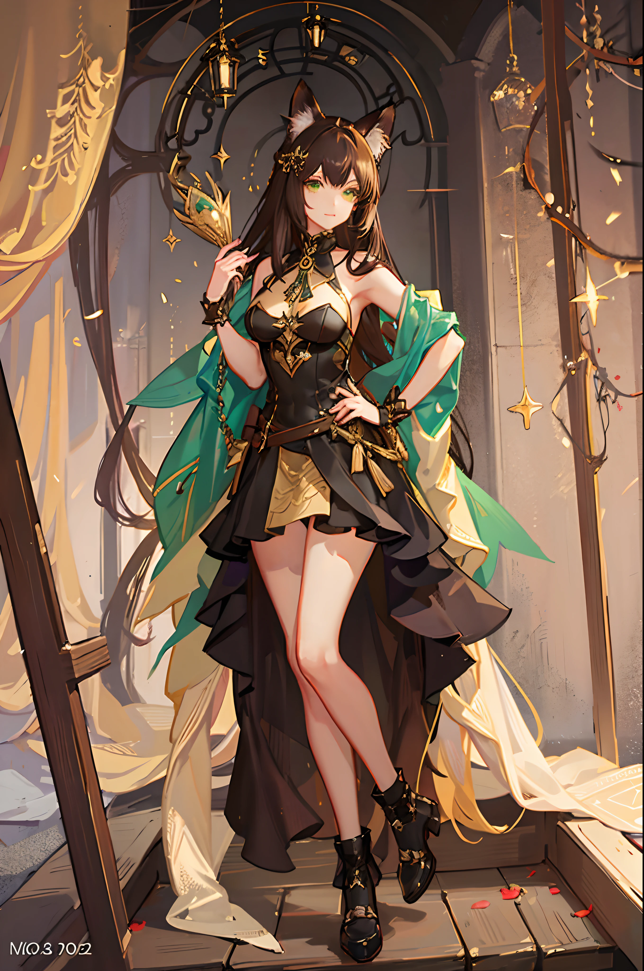 1girl, fox ears, fox tail, fox girl, dark brown hair, green eyes, divine, sexy, mature woman, expensive dress, rich, highly detailed, masterpiece,
