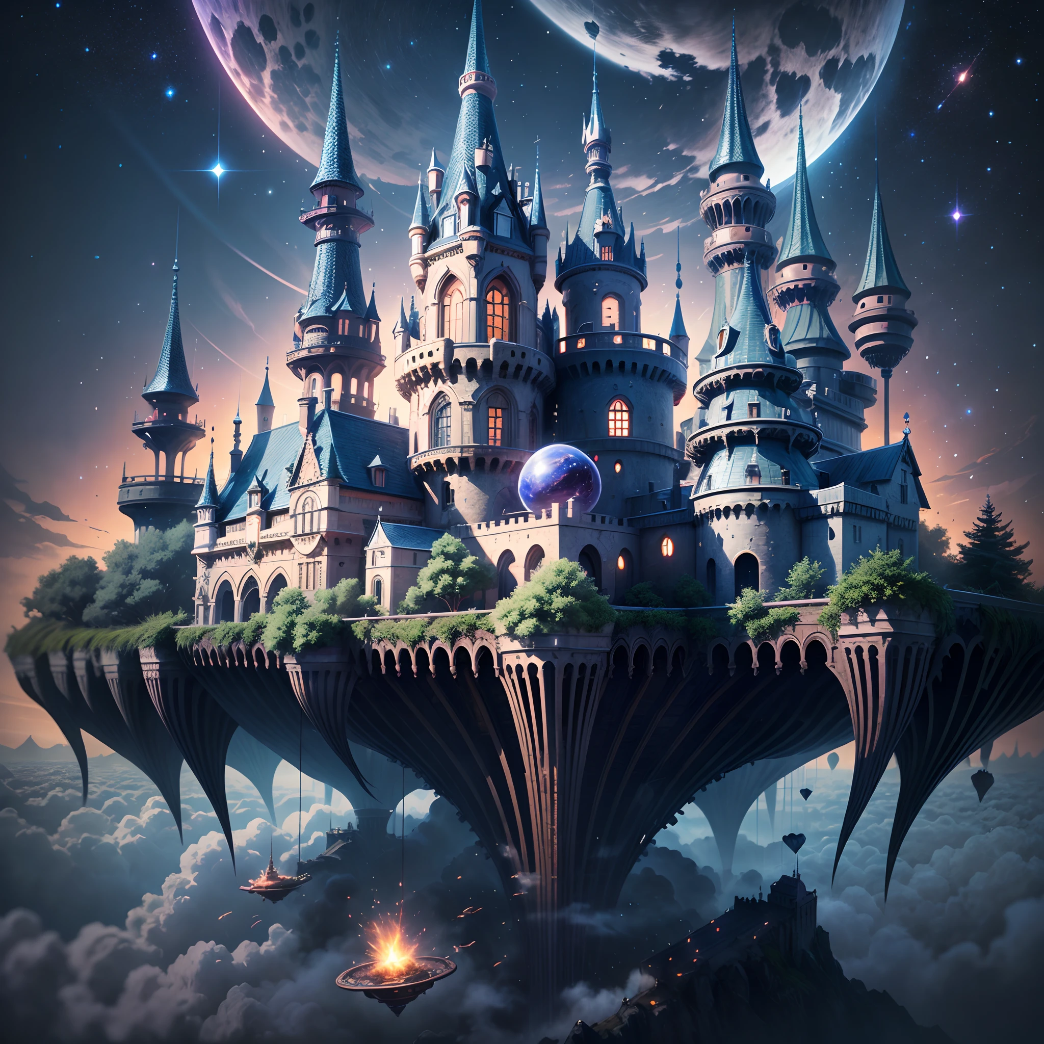 Space Magic Week, Magic concept art highlights, Vernadskys intellectual circle, In a mysterious world,There is a huge moving castle,It floats in the vast sky。The castle of Europe in the sky is built on a mobile mechanical spaceship in a cyberpunk concept,Spaceships are the technology of the future,Tail light column jet,Can move around freely,The façade of the castle is made of endless metal and crystal,shimmering with an enigmatic twinkle。Huge mechanical devices maintain the castle's moving power,It allows it to travel freely through the air。The source of power for the castle is an ancient and mysterious ore,Known as the "Heart of the Stars"。It contains the essence of cosmic energy,It provides a constant flow of power for the castle。This heart of the star is embedded in the very heart of the castle,Protected by sophisticated devices and magic barriers。The castle is surrounded by a peculiar and dangerous environment,Known as the "Void Vortex"。The Void Vortex is a phenomenon that distorts space-time,Attracts energy and matter from all worlds。The castle uses the Void Vortex to absorb resources,So as to continue to grow and improve itself,metaverse concept art, Ocean of Magic, Mobile floating city in the cloud, Galactic fighter, Huge floating moving castle, a digital dreamscape, Magic fantasy 3D concept art, Amazing concept art ,Warm pigment,Bright colors,Bright light,Extreme refinement,Masterpiece,8k,tmasterpiece --v 6