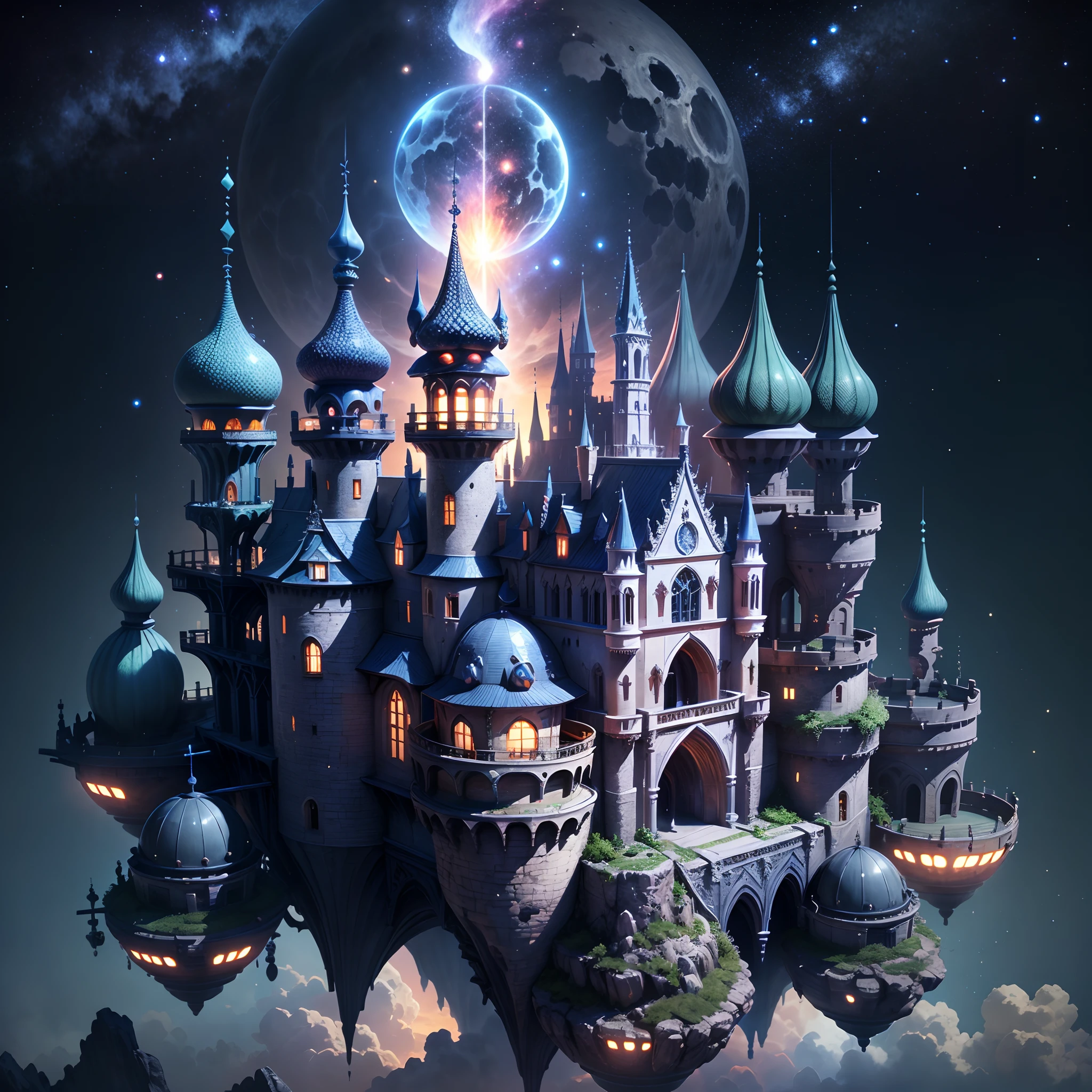 Space Magic Week, Magic concept art highlights, Vernadskys intellectual circle, In a mysterious world,There is a huge moving castle,It floats in the vast sky。The castle of Europe in the sky is built on a mobile mechanical spaceship in a cyberpunk concept,Spaceships are the technology of the future,Tail light column jet,Can move around freely,The façade of the castle is made of endless metal and crystal,shimmering with an enigmatic twinkle。Huge mechanical devices maintain the castle's moving power,It allows it to travel freely through the air。The source of power for the castle is an ancient and mysterious ore,Known as the "Heart of the Stars"。It contains the essence of cosmic energy,It provides a constant flow of power for the castle。This heart of the star is embedded in the very heart of the castle,Protected by sophisticated devices and magic barriers。The castle is surrounded by a peculiar and dangerous environment,Known as the "Void Vortex"。The Void Vortex is a phenomenon that distorts space-time,Attracts energy and matter from all worlds。The castle uses the Void Vortex to absorb resources,So as to continue to grow and improve itself,metaverse concept art, Ocean of Magic, Mobile floating city in the cloud, Galactic fighter, Huge floating moving castle, a digital dreamscape, Magic fantasy 3D concept art, Amazing concept art ,Warm pigment,Bright colors,Bright light,Extreme refinement,Masterpiece,8k,tmasterpiece --v 6