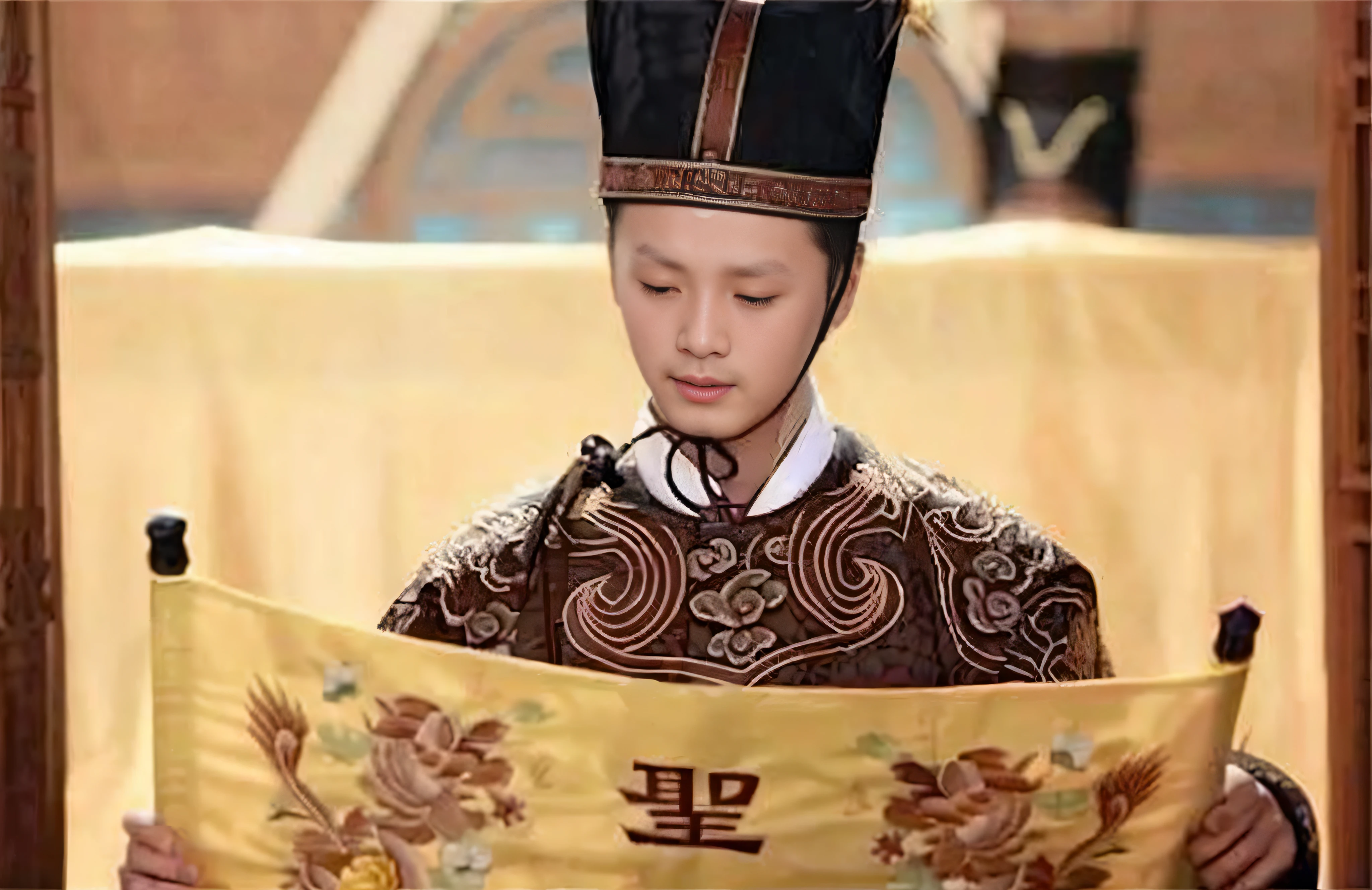 An Arafad man dressed as a Chinese eunuch reads the Decree, Taoist, Daoism, queen of the sea mu yanling, Xianxia, nanquan, Ancient sword, shaxi, dressed as an oracle, Wearing ancient Chinese clothes, Cai Xukun, mu pan, inspired by Zhang Zeduan, chinese empress, Chinese traditional, Ancient eunuchs