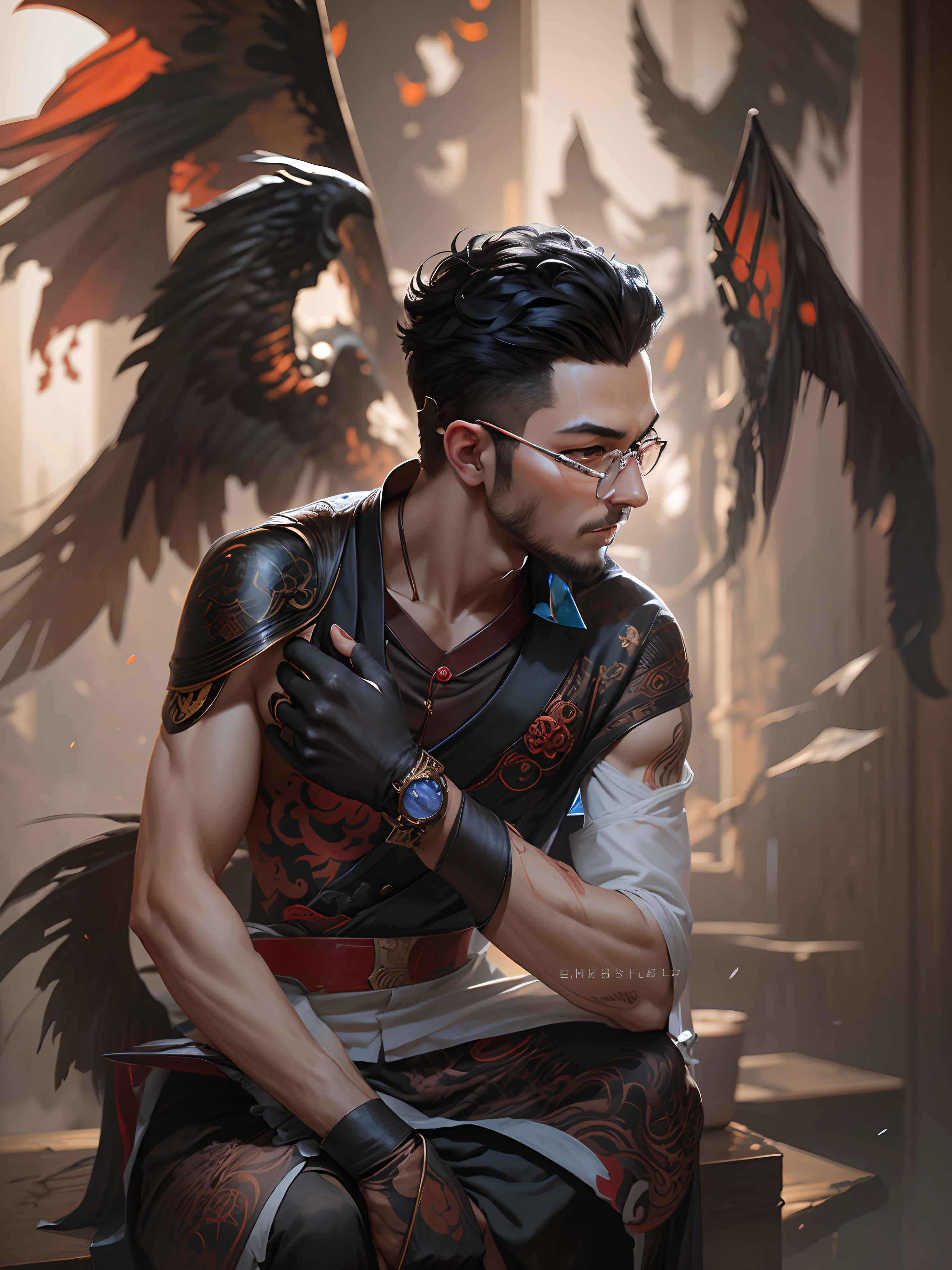 tmasterpiece，best qualtiy，超高分辨率，Detailed details，A painting of a 21- year old man wearing cyberpunk style round glasses, short black hair, two black wings grown from back of his shoulder, beautiful male god of death, mohrbacher, inspired by Shunkōsai Hokushū, In the artistic style of Morebach, asura from chinese myth, the god of chaos, 详细的脸, Inspired by Ryūkōsai Jokei, in style of peter mohrbacher, perfect lower body