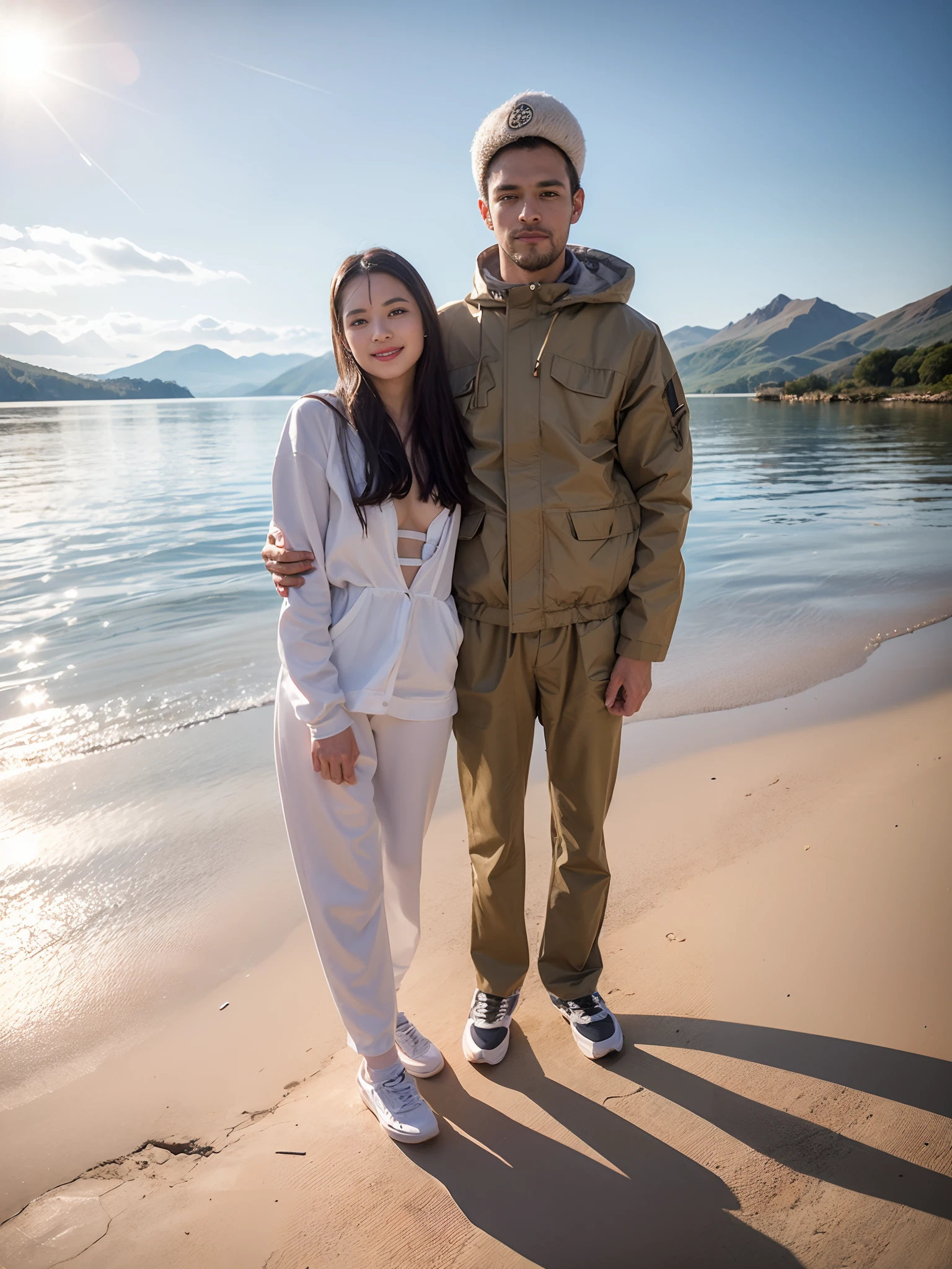 full-length portrait, A guy and a girl in sneakers stand in the garden, looking up at the camera, Гипер HD, Award-winning photography, higly detailed, tmasterpiece, superdetail, hiquality, beste-Qualit, 4k, 8K, 16k, (8K、Raw photos, topquality, tmasterpiece:1.2), (realisitic, photorealestic:1.37), ((Alpine Lake District)), ((Mountains beyond the lake)), sunshine, Excellent vantage point, Natural soft lighting, photon mapping, Radio City, Detailed Face, detailed lips、A detailed eye、more skin, double eyelids, (to stand), (ssmile), model pose、(cowboy shot), Make eye contact with the camera