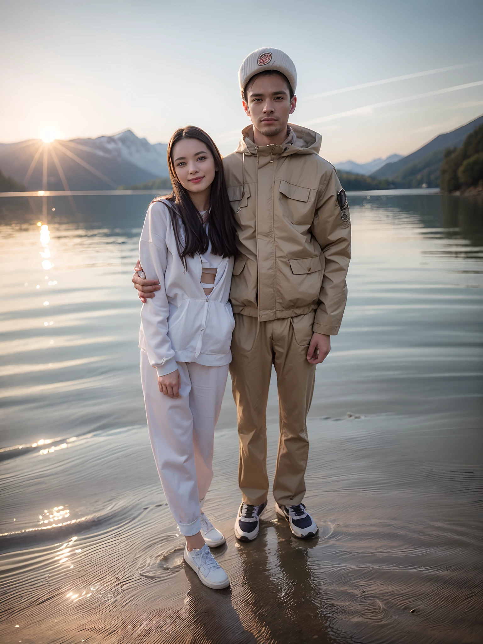 full-length portrait, A guy and a girl in sneakers stand in the garden, looking up at the camera, Гипер HD, Award-winning photography, higly detailed, tmasterpiece, superdetail, hiquality, beste-Qualit, 4k, 8K, 16k, (8K、Raw photos, topquality, tmasterpiece:1.2), (realisitic, photorealestic:1.37), ((Alpine Lake District)), ((Mountains beyond the lake)), sunshine, Excellent vantage point, Natural soft lighting, photon mapping, Radio City, Detailed Face, detailed lips、A detailed eye、more skin, double eyelids, (to stand), (ssmile), model pose、(cowboy  shot), Make eye contact with the camera