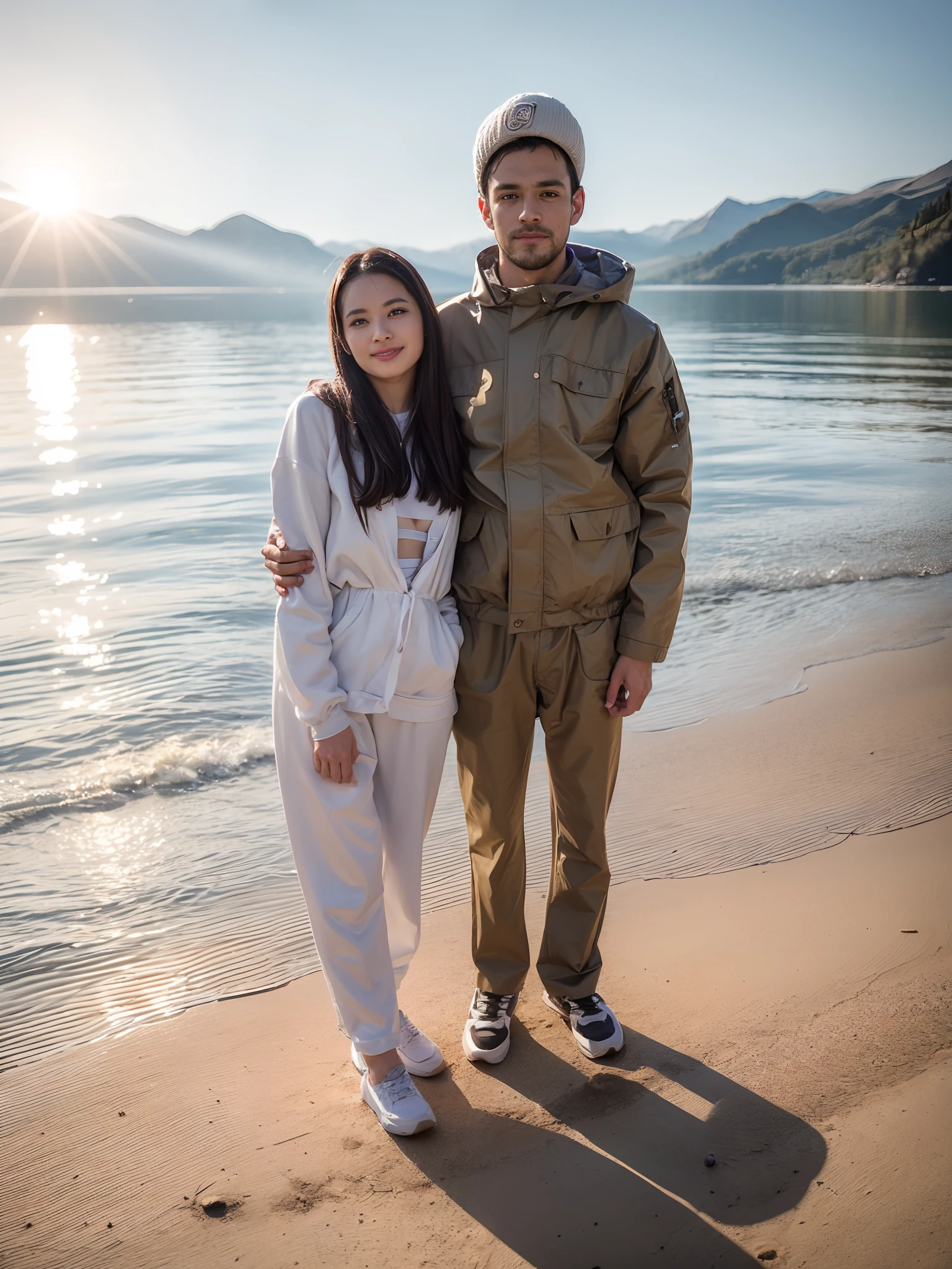 full-length portrait, A guy and a girl in sneakers stand in the garden, looking up at the camera, Гипер HD, Award-winning photography, higly detailed, tmasterpiece, superdetail, hiquality, beste-Qualit, 4k, 8K, 16k, (8K、Raw photos, topquality, tmasterpiece:1.2), (realisitic, photorealestic:1.37), ((Alpine Lake District)), ((Mountains beyond the lake)), sunshine, Excellent vantage point, Natural soft lighting, photon mapping, Radio City, Detailed Face, detailed lips、A detailed eye、more skin, double eyelids, (to stand), (ssmile), model pose、(cowboy shot), Make eye contact with the camera