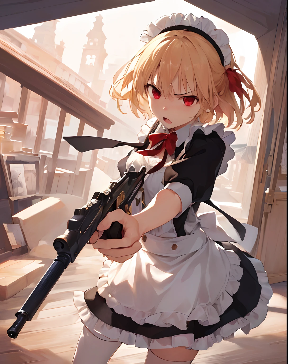 (​masterpiece}, {hight resolution}, {Good anatomy}, (top-quality), (extremely delicate and beautiful), (8k cg wallpaper), (illustratio), 1 girl in, a blond, short-hair, maid clothes, red eyes, Wipe out enemies with guns, hold a gun, Angry gaze、