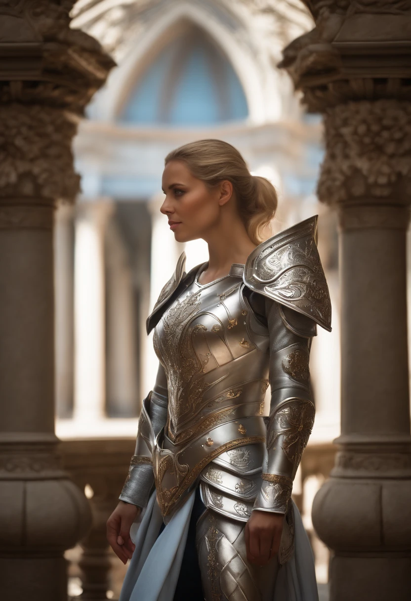 (8K, best quality:1.2), (masterpiece:1.37), (photo, photorealistic:1.37), (ultrahigh-res), half body, walking pose, shot from front, slow motion, female paladin wearing the full body, (light silver armour:1.2),(ornately decorated armor), (insanely detailed, bloom:1.5), (highest quality, Alessandro Casagrande, Greg Rutkowski, Sally Mann, concept art, 4k), (analog:1.2), (high sharpness), (detailed pupils:1.1), detailed face and eyes, Masterpiece, best quality, (highly detailed photo:1.1), (long blonde Hair, ponytail,ecstatic:1.1), (young woman:1.1), sharp, (perfect body:1.1), realistic, real shadow, 3d, (temple background:1.2), arms crossed over the chest 
photographed by Canan EOS R6, 135mm, 1/1250s, f/2.8, ISO 400