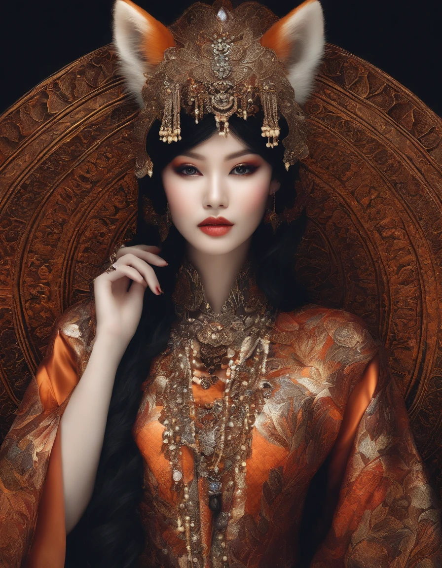 1girll ，hyper-detailing, Beautiful and beautiful, Masterpiece, best qualtiy, photorealistic portrait, (abstract backgrounds:1.5) (zentangle, mandalas, tangled, entangle:0.7) Kitsune witch, kitsune mask, Haori jacket, Foxfire spells, Familiar fox, Transformation, Depth of field, Amazing atmosphere....., The most beautiful forms of chaos, elegant, Dark theme designed by Fauvism, Flower of the Dead, ecstasy of flower