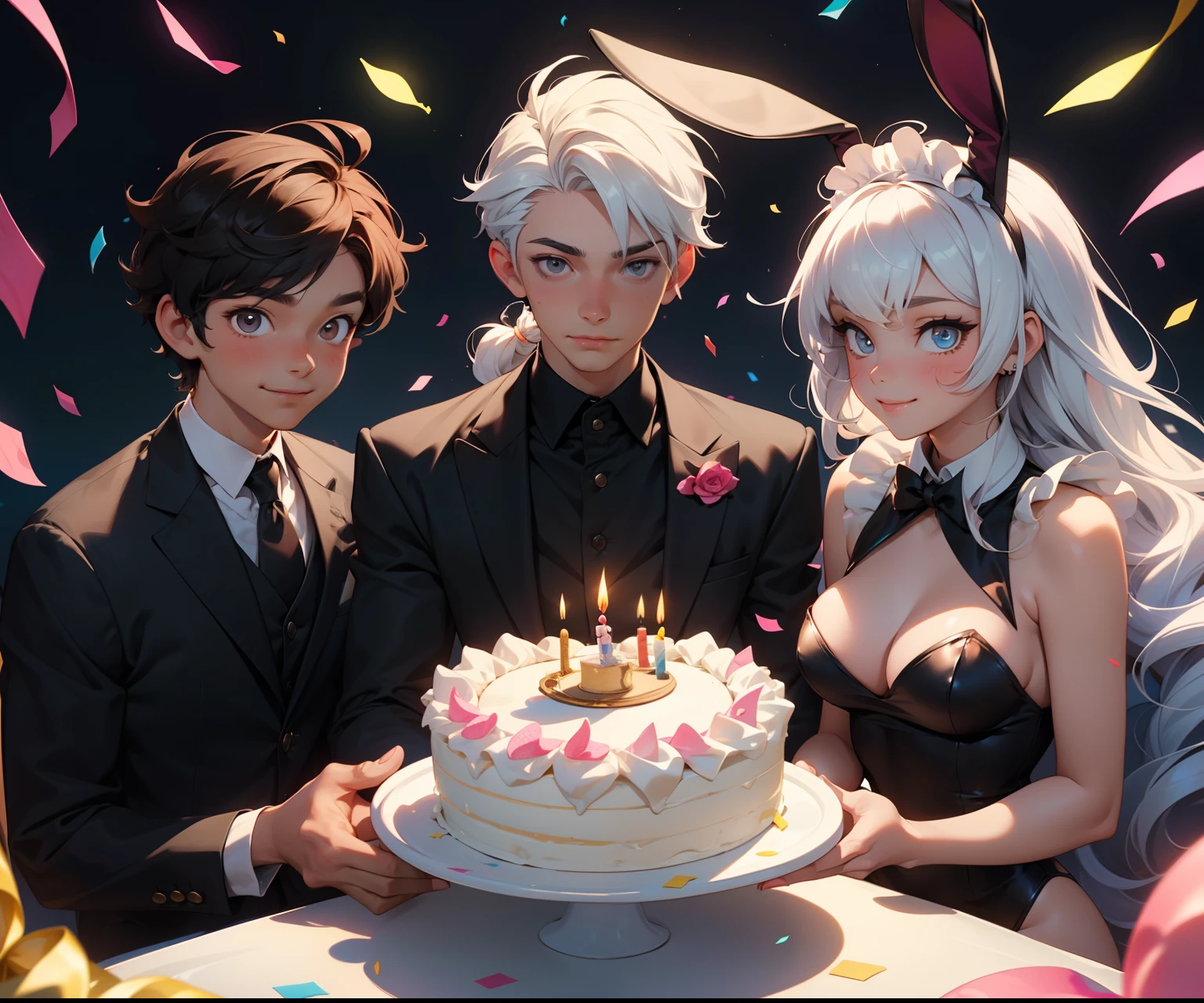 (((boy on the Left|Middle girl|boy on Right))), dos personas muy cerca del uno como del otro, el chico (30 yrs old) con cabello corto cafe y con ojos cafe claro con un rostros muy detallado y hermoso, with a young girl (30 yrs old) with long hair and pink cat ear in a very romantic place with low lights and some candles and various gifts around her and a big birthday cake, 1chico (35 year old) al otro extremo de cabello medio largo oscuro con un traje muy elegante mientras aplaude, lots of confetti falling while everyone smiles, a 1girl with white hair and a pair of black playboy bunny ears with a big smile and a maid outfit