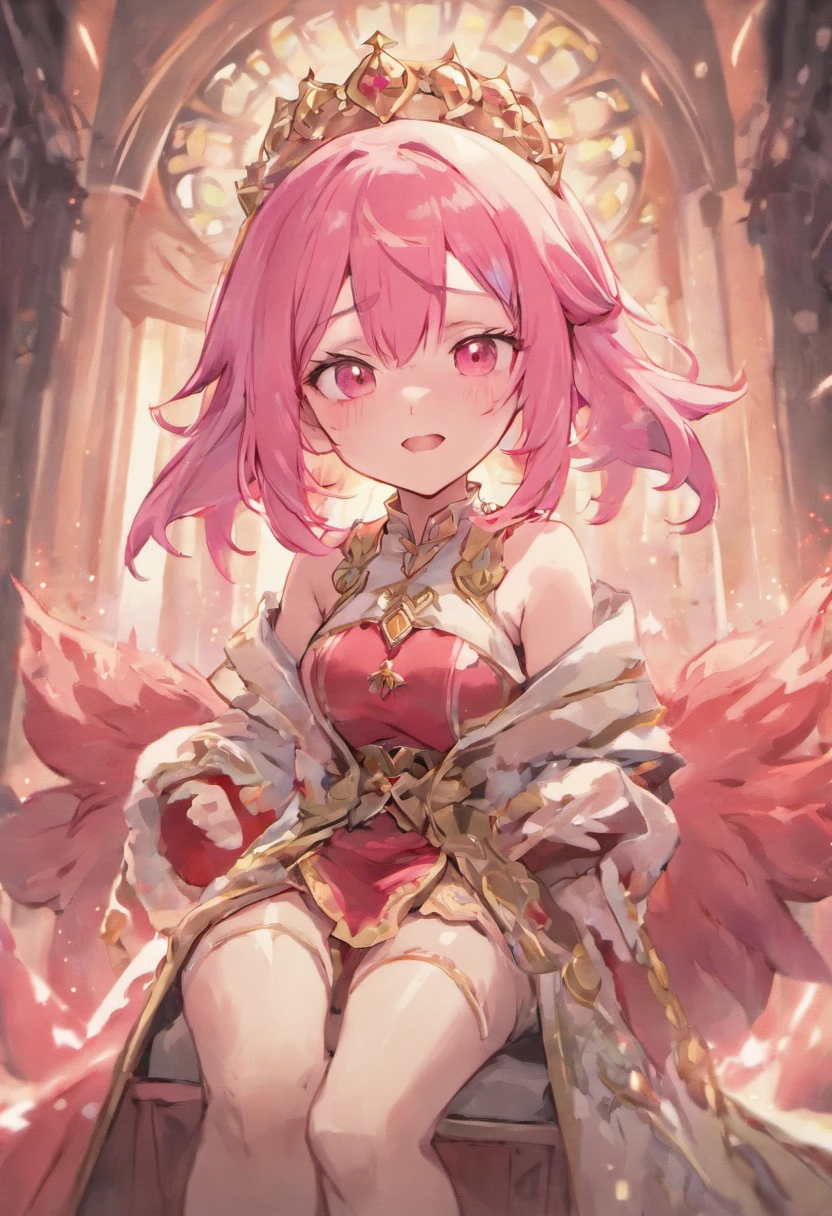 anime girl with pink hair and red eyes and a red top, a character portrait by Shingei, pixiv, conceptual art, [[[[grinning evily]]]], anime style portrait, anime moe artstyle, marin kitagawa fanart, joyful smirk, kawaii realistic portrait, anime portrait, anime character portrait, anime waifu, flower shaped pupil, cleric, dressed like a cleric, pretty female cleric, 8K, Ultra Quality, ahegao, white navy captain hat, symbol shaped pupil, masterpiece, white hat, in a room, sitting on an ornate throne, cleric, shining pink armor, woman with a gesugao facial expression, sadistic twisted expression, throne, crossed legs, pink lightened hair ends, teeth, big smile, grinch, tall woman