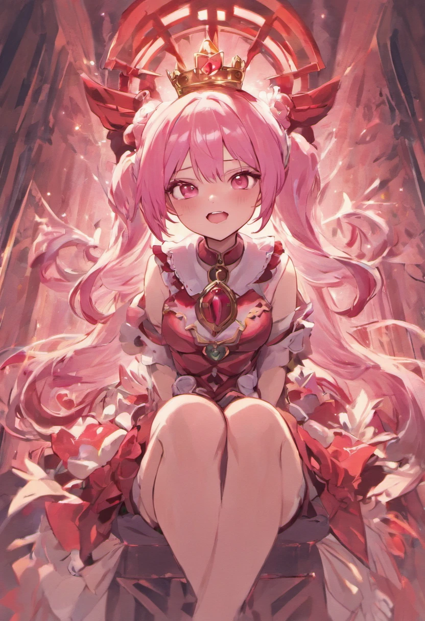 anime girl with pink hair and red eyes and a red top, a character portrait by Shingei, pixiv, conceptual art, [[[[grinning evily]]]], anime style portrait, anime moe artstyle, marin kitagawa fanart, joyful smirk, kawaii realistic portrait, anime portrait, anime character portrait, anime waifu, flower shaped pupil, cleric, dressed like a cleric, pretty female cleric, 8K, Ultra Quality, ahegao, white navy captain hat, symbol shaped pupil, masterpiece, white hat, in a room, sitting on an ornate throne, cleric, shining pink armor, woman with a gesugao facial expression, sadistic twisted expression, throne, crossed legs, pink lightened hair ends, teeth, big smile, grinch, tall woman