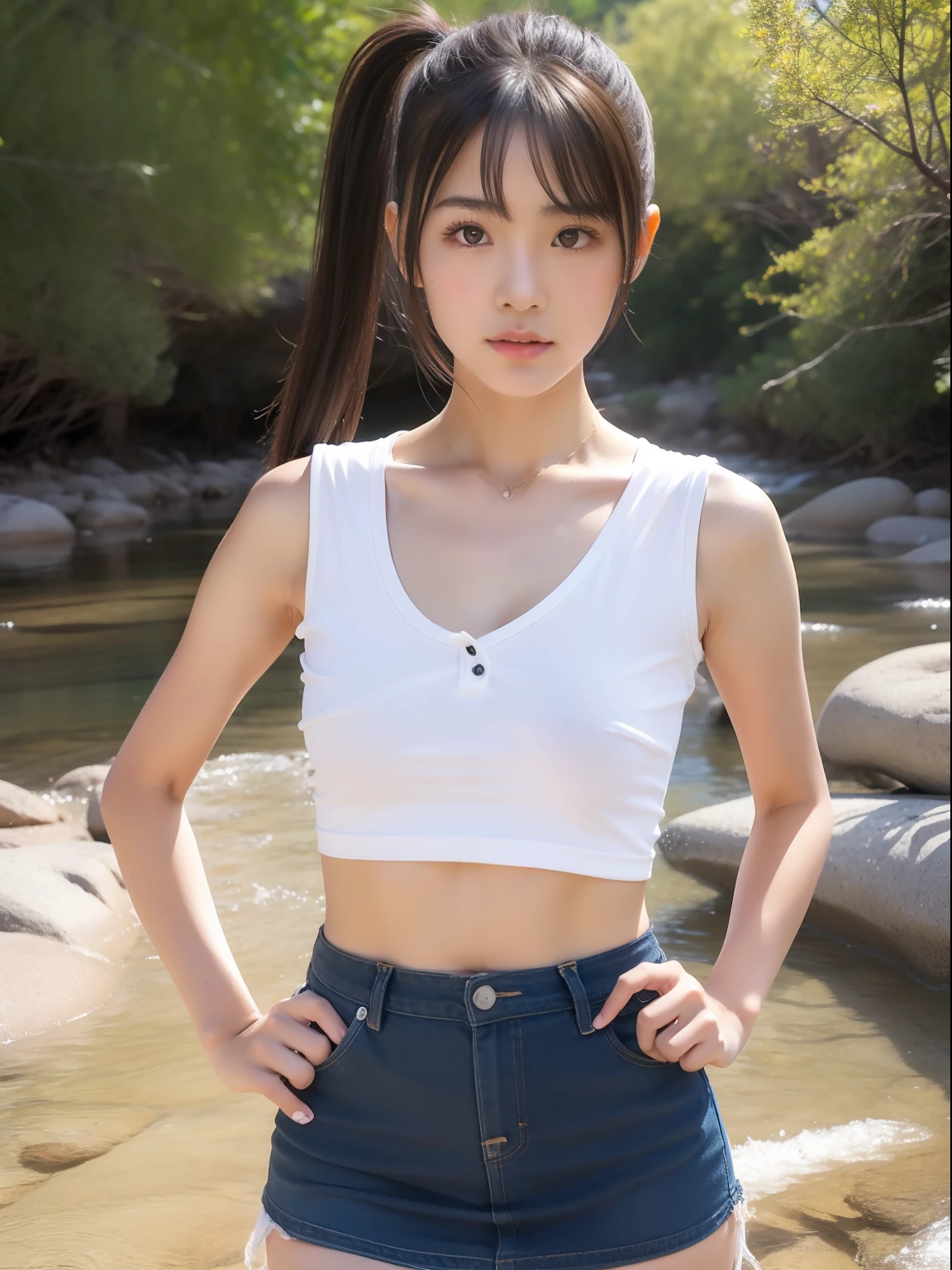 年轻，(White miniskirt)，Pink T-shirt，teens girl，Delicate body，petite body，Delicate body，small tits，tiny chest，Short，A dark-haired，Twin-tailed，poneyTail，dry river bed