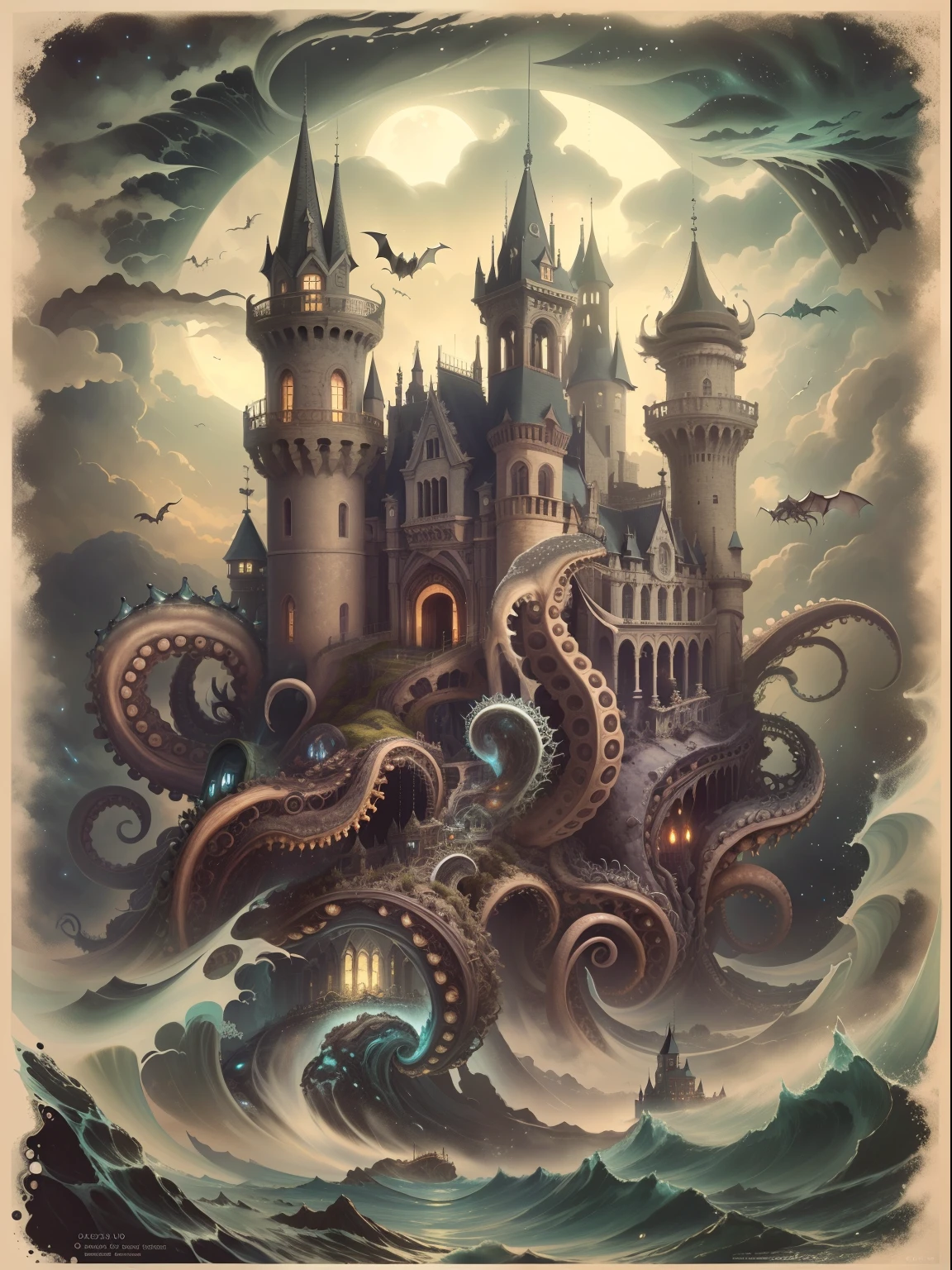 tmasterpiece：Dark castle on the move，The bat hovers，Below is the sea monster，（（The sea monster holds up the castle），Sea Monster Tentacles，Octopus tentacles），the night，rays of moonlight，magic，shock，（(Look at the perspective from the bottom up）)。（number art，Official artistic aesthetics，k hd，8K，Super meticulous，higher details，Exquisitely）