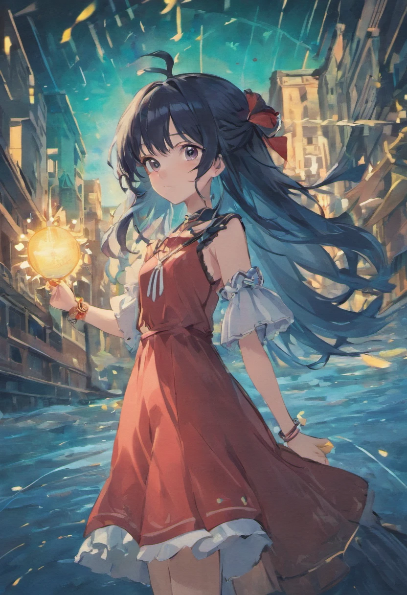 the girl with black hair,Pink left eye,Lake blue right eye,Heterochromic pupils,Heterochromia in both eyes,The two eyes are different in color,Magic style clothing,blackdress