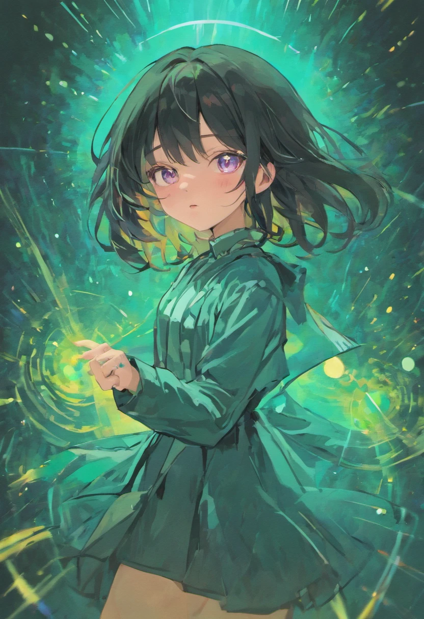 the girl with black hair，Pink left eye，Lake blue right eye，Heterochromic pupils，Heterochromia in both eyes，The two eyes are different in color，Magic style clothing，blackdress