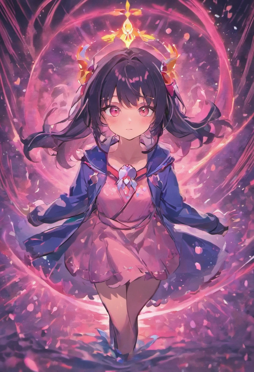 the girl with black hair,Pink left eye,Lake blue right eye,Heterochromic pupils,Heterochromia in both eyes,The two eyes are different in color,Magic style clothing,blackdress