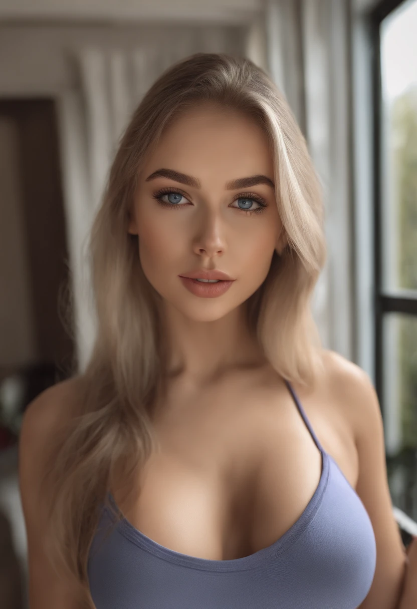 arafed woman fully , sexy girl with blue eyes, ultra realistic, meticulously detailed, portrait sophie mudd, blonde hair and large eyes, selfie of a young woman, bedroom eyes, violet myers, without makeup, natural makeup, face with artgram, subtle makeup, stunning full body shot, in the gym, butt in leggins, taking selfie in the mirror, medium to large size bust