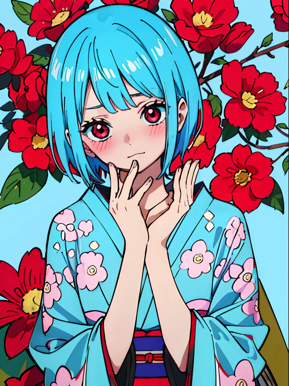 masutepiece, Fine detail, 4K, 8K, 12K, Solo, 1 person, Beautiful Girl, Caucasian Woman, Light blue hair、short-hair、Red Eyes、Cool、14years、Black kimono、Shy face、red blush、Hands on cheeks