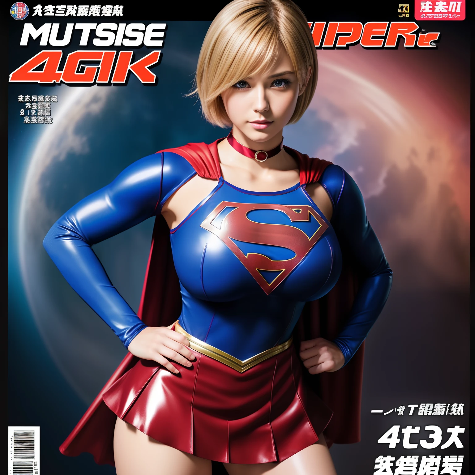 (Best Quality,4K,8K,hight resolution,masutepiece:1.2),Ultra-detailed,Realistic:1.37,Super masterpiece,Short-haired Supergirl、large full breasts、Looking at the camera、Glossy costume、a choker、Too short miniskirt、Magazine covers、Comic magazines