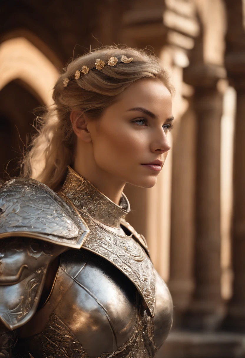 (8K, best quality:1.2), (masterpiece:1.37), (photo, photorealistic:1.37), (ultrahigh-res), half body, walking pose, shot from front, slow motion, female paladin wearing the full body, (light silver armour:1.2),(ornately decorated armor), (insanely detailed, bloom:1.5), (highest quality, Alessandro Casagrande, Greg Rutkowski, Sally Mann, concept art, 4k), (analog:1.2), (high sharpness), (detailed pupils:1.1), detailed face and eyes, Masterpiece, best quality, (highly detailed photo:1.1), (long blonde Hair, ponytail,ecstatic:1.1), (young woman:1.1), sharp, (perfect body:1.1), realistic, real shadow, 3d, (temple background:1.2), arms crossed over the chest 
photographed by Canan EOS R6, 135mm, 1/1250s, f/2.8, ISO 400