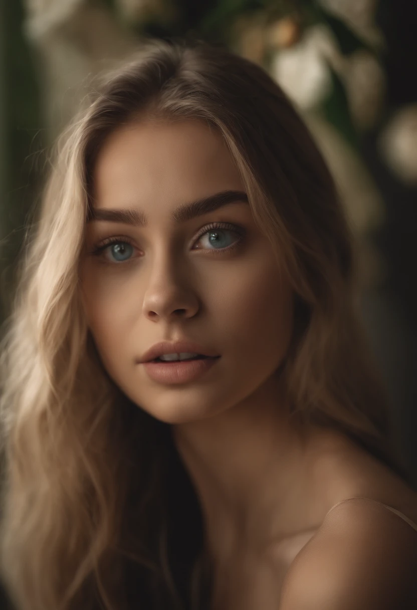 Arafed woman completely , fille sexy aux yeux bleus, ultra realist, Meticulously detailed, Portrait Sophie Mudd, cheveux blonds et grands yeux, selfie of a young woman, regard timide, chambre d'adolescente, visage naturel, Refined face