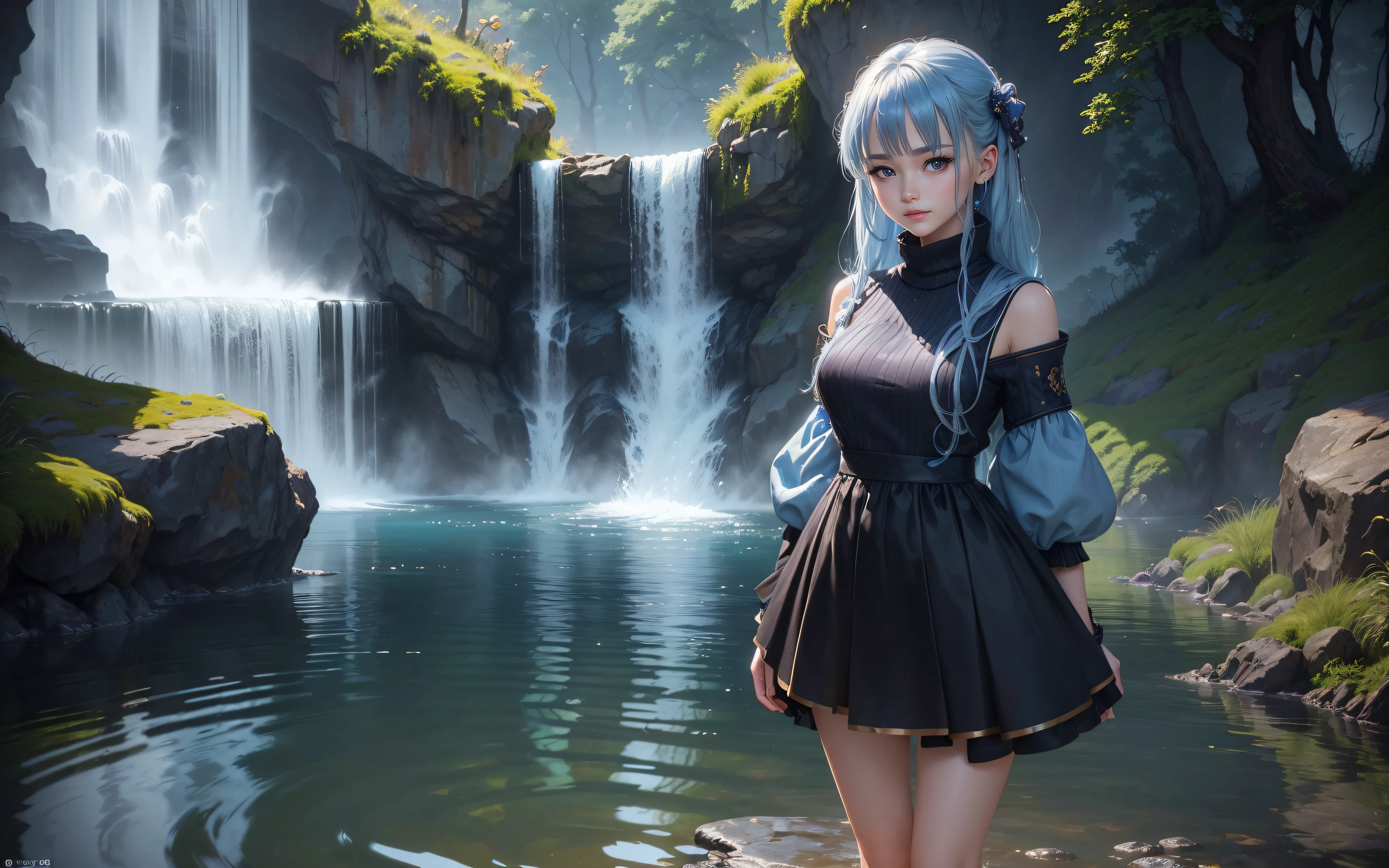 (Best picture quality, 8K, masterpiece: 1.3)), Sharp focus: 1.2, ((Not Sexy)), ((Cute girl Face, Both Eyes same)), (One Girl, 17 year old, Slightly Skinny, Two legs, hide fingers) ((Perfect Face, Perfect Eyes, Bangs, Slim Cheeks, Perfect Lips)), ((Highly detailed face, Smile, standing on your feet:1.2)), ((Highly detailed facial and skin texture)), (Blue hair), (Full traditional clothes, wearing full clothes), (cute), (anime girl in a Black dress standing in a pool of water, full sweater, Long skirt, pool, waterfall, lake, artwork, fantasy art style, art, closeup fantasy with water magic, CGI anime fantasy artwork, art)