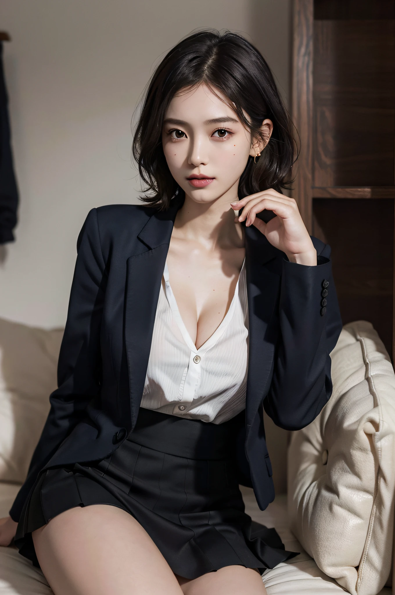 RAW photo, extremely delicate and beautiful, masterpiece, Best Quality, ultra high resolution, 16k, hyperrealistic, ultra-detailed, Very detailed CG 8k wallpaper, Beautiful Lighting, Perfect Lightning, Realistic Shadows, perfect anatomy, super Detailed shiny skin, perfect figure, Japanese woman, late 20s, very Slim body, narrow waist, very small head, handsome detailed woman, very detailed eyes and face, realistic face proportions, Stunning detailed eyes, Realistic beautiful face, very small face, Realistic small beautiful eyes, double eyelids, makeup, tearful mole, mole on chest, earring, bare legs, beautiful and very thin legs, beautiful and very thin thighs, Soft midriff, ((very huge round breasts)), ((full body shot)), (short hair), wavy hair, ((business suit, skirt, shirt, blazer)),