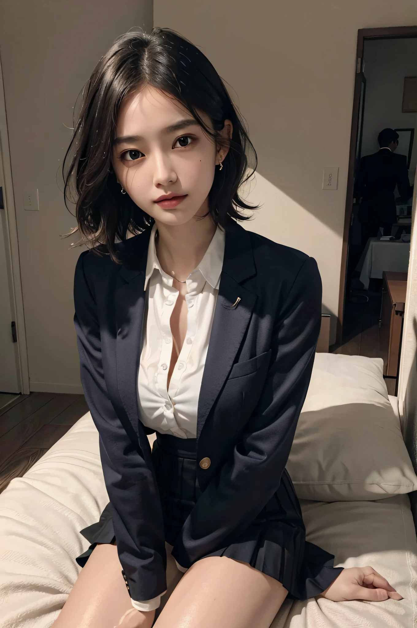 RAW photo, extremely delicate and beautiful, masterpiece, Best Quality, ultra high resolution, 16k, hyperrealistic, ultra-detailed, Very detailed CG 8k wallpaper, Beautiful Lighting, Perfect Lightning, Realistic Shadows, perfect anatomy, super Detailed shiny skin, perfect figure, Japanese woman, late 20s, very Slim body, narrow waist, very small head, handsome detailed woman, very detailed eyes and face, realistic face proportions, Stunning detailed eyes, Realistic beautiful face, very small face, Realistic small beautiful eyes, double eyelids, makeup, tearful mole, mole on chest, earring, bare legs, beautiful and very thin legs, beautiful and very thin thighs, Soft midriff, ((very huge round breasts)), ((full body shot)), (short hair), wavy hair, ((business suit, skirt, collared shirt, blazer)),