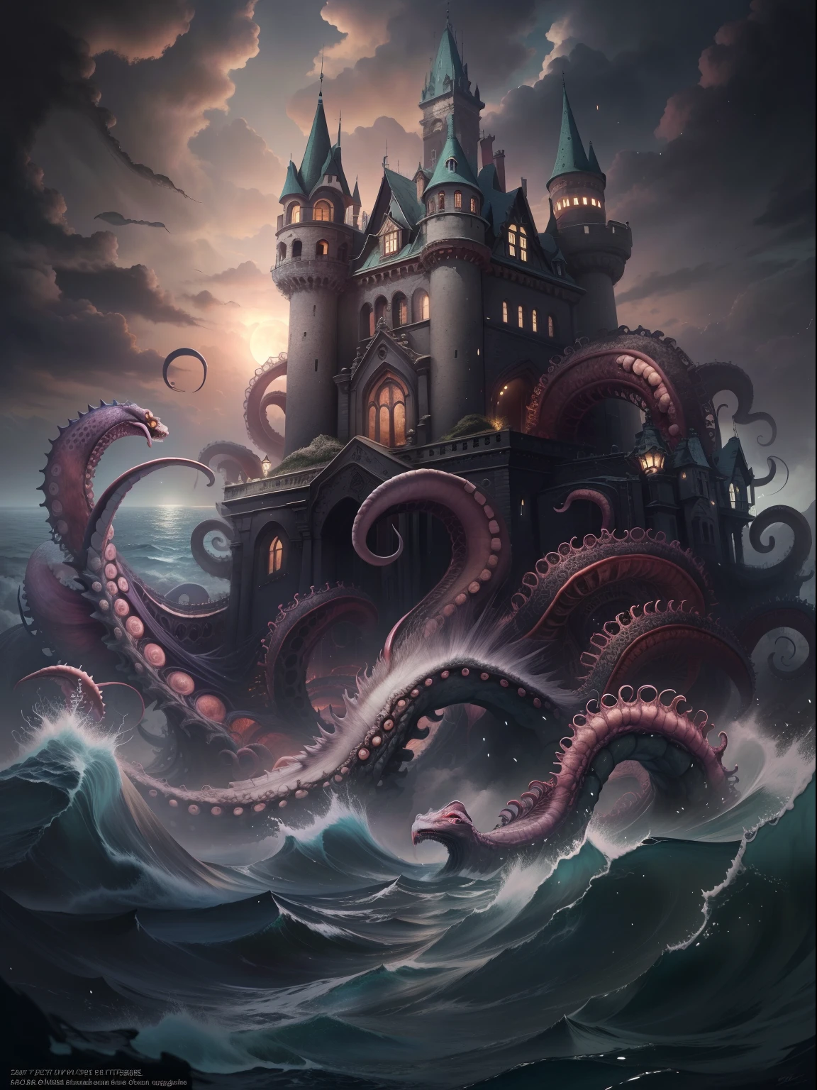 tmasterpiece:Dark castle on the move,Below is the sea monster,The sea monster holds up the castle,Sea Monster Tentacles,Octopus tentacles,the night,rays of moonlight,magic,shock,(Look at the perspective from the bottom up)。(number art,Official artistic aesthetics,k hd,8K,Super meticulous,higher details,Exquisitely)
