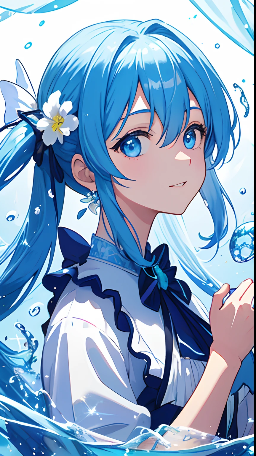 (masterpiece)、(best qualtiy)、(ultra-detailliert)、(dishevled hair)、(illustratio)、(1 girl in)、(Fashionable clothes)、is standing、fashion modell、see the beholder、(interview)、(simple background)、Fine and beautiful eyes、Delicate beautiful face、Planktonic、(a high chroma)、(colorful water splash)、colorful bubble、(brilliance)、Focus on Face、poneyTail、Kamisato colorful flowers、lightblue hair、bangss、hair rings、Floating flowers、Floating hairs、(Shines)、The best lighting、Best Shadows、Blue butterfly in the upper left corner of the screen々、ssmile、The background is transparent