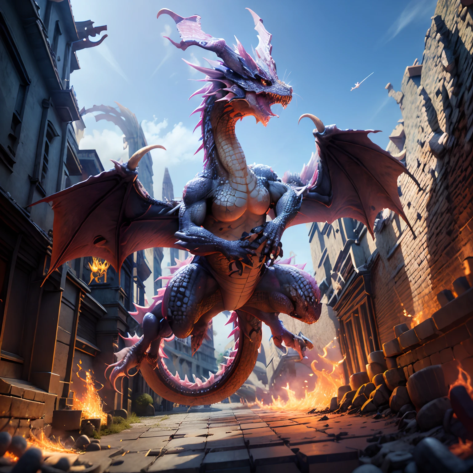 (((chibi3d))) (best quality), (masterpiece)、Pink Dragon、The face is a reptile、blue open sky、Flying、full body Esbian、Blowing fire