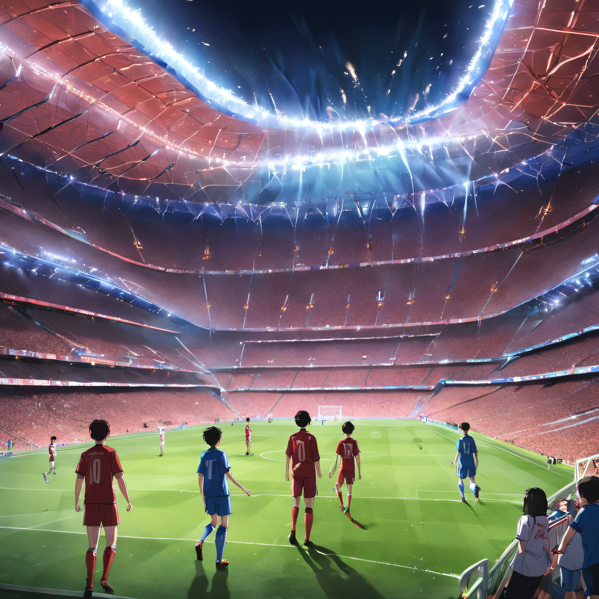 (((Four skilled players attacking for football))), An exciting football match in a stadium full of spectators and reflectors, Camp nou , azulgrana ,Multitud apasionada, Deslumbrantes reflectores del estadio, Momento espectacular y electrizante, Ambiente vibrante, Mexican theme, Themed desserts, Fantasy themed stadium.