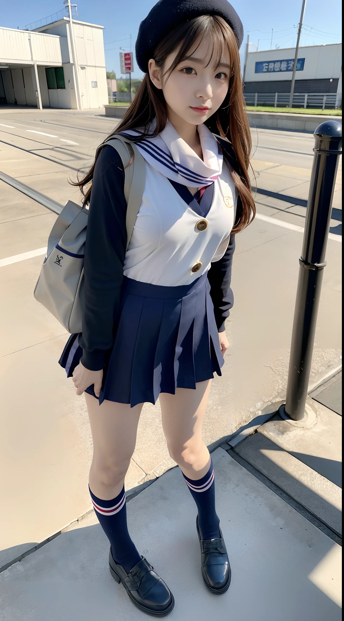 mix4, (16 K, Raw photography, Top image quality, masterpiece: 1.45), (realisitic, Photorealsitic: 1.37), one girls, 7.5, etc、Random hairstyle、Standing figure,Daytime、a very cute,Station platform,, profetional lighting, photon maping、physically-based renderingt, Gradient dark brown hair,Crisp backgrounds and high resolution, a handsome, Well-groomed and beautiful eyes、Large double eyelids、Very shiny、girl with, (((student clothes、Winter clothes、Sailor suit worn by Japan girl、Navy blue sailor color、scarf、a miniskirt, Small beret、high socks、lowfers))), Top Quality Photos, hight resolution, 1080p, (clearface), (Detailed face description), (Detailed hand description), (masterpiece), (Exquisite CG)、extreme light and shadows、dishevled hair、master work、abundant detail、(Fine facial features)、(top quality photo)、(masuter piece)、(A detailed eye)、Look in front of you、Fine clavicle、((Slender big))、(((Japan schooln sailor suit)))、((Idle system))、((Station platform、wicket、train track、railroad crossing))、(((neat and cute)))、耳Nipple Ring、A big smile、Drawing the whole body from the knees、Do not draw nasolabial folds、(((Long sleeve sailor suit)))、(Big breasts that hang down big:1.2)、Big buttocks with tension、Two arms and two legs、(((from the front side:0.3)))、bare hand、No mask、No skin exposure
