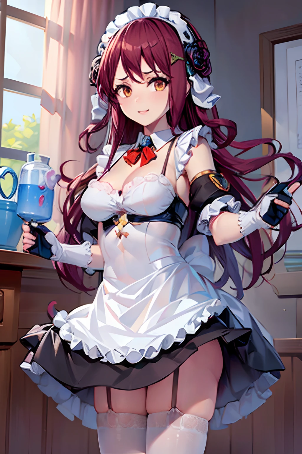 masterpiece, best quality,1girl, (solo:1.3),standing,KujouRiu,long hair,red eyes,purple hair,huge breasts,