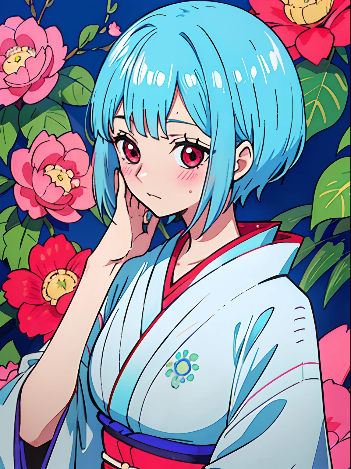 masutepiece, Fine detail, 4K, 8K, 12K, Solo, 1 person, Beautiful Girl, A MILF、Caucasian Woman, Light blue hair、short-hair、waved hair、Red Eyes、Cool、14years、Black kimono、Shy face、red blush、Hands on cheeks
