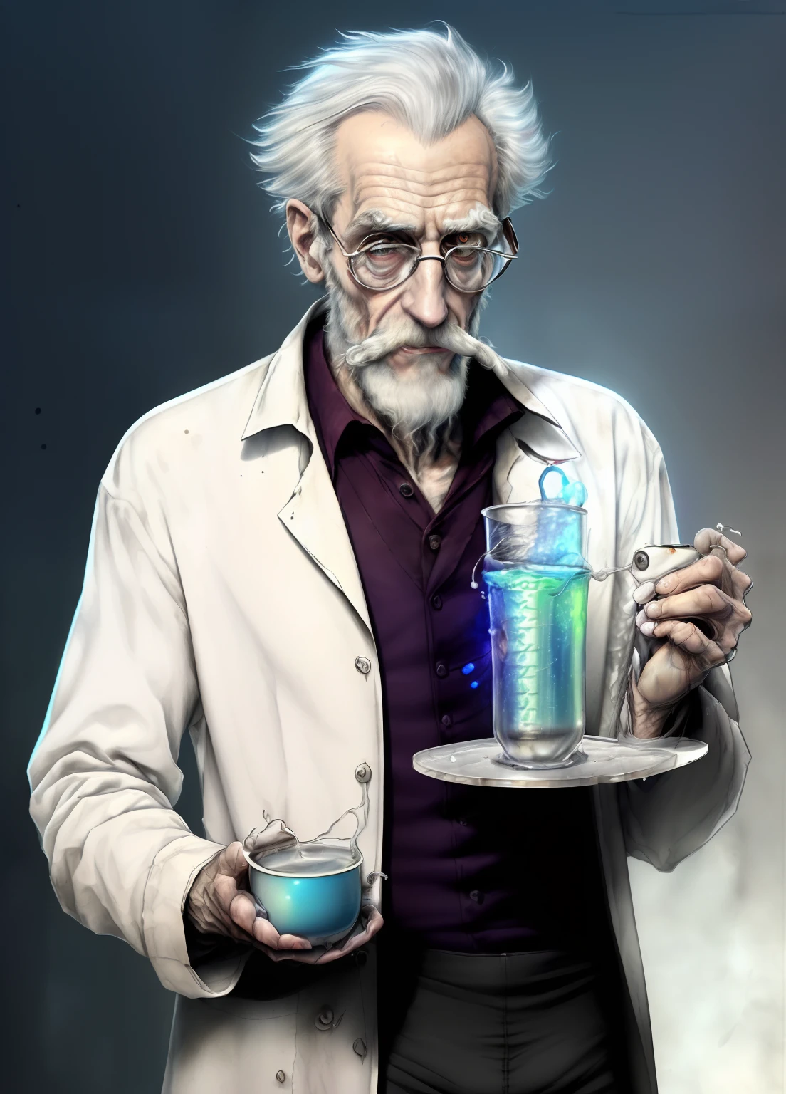 Black and white (((Pencil Sketch))) on cartridge paper of (((Lanky tall very old Aged maniac scientist))) , flip glasses, greying hair, ((hooked nose)), translucent pale flaking skin, prominent frontal lobe forehead )), very skinny frame defined physique,  ((wearing men’s white singlet and underwear , with a cup of coffee in left hand,  right hand a splatter of iridescent liquid projection out of test tube  , mad scientist, pencil sketch senior artist, mad scientist working, ((skinny male)) fantasy scientist, elite scientist, aetherpunk digital art, (((jewish old skinny scientist))), pencil sketch style , scientist, portrait of mad scientist in different scenarios , art inspired by durer and Greg rutkowski