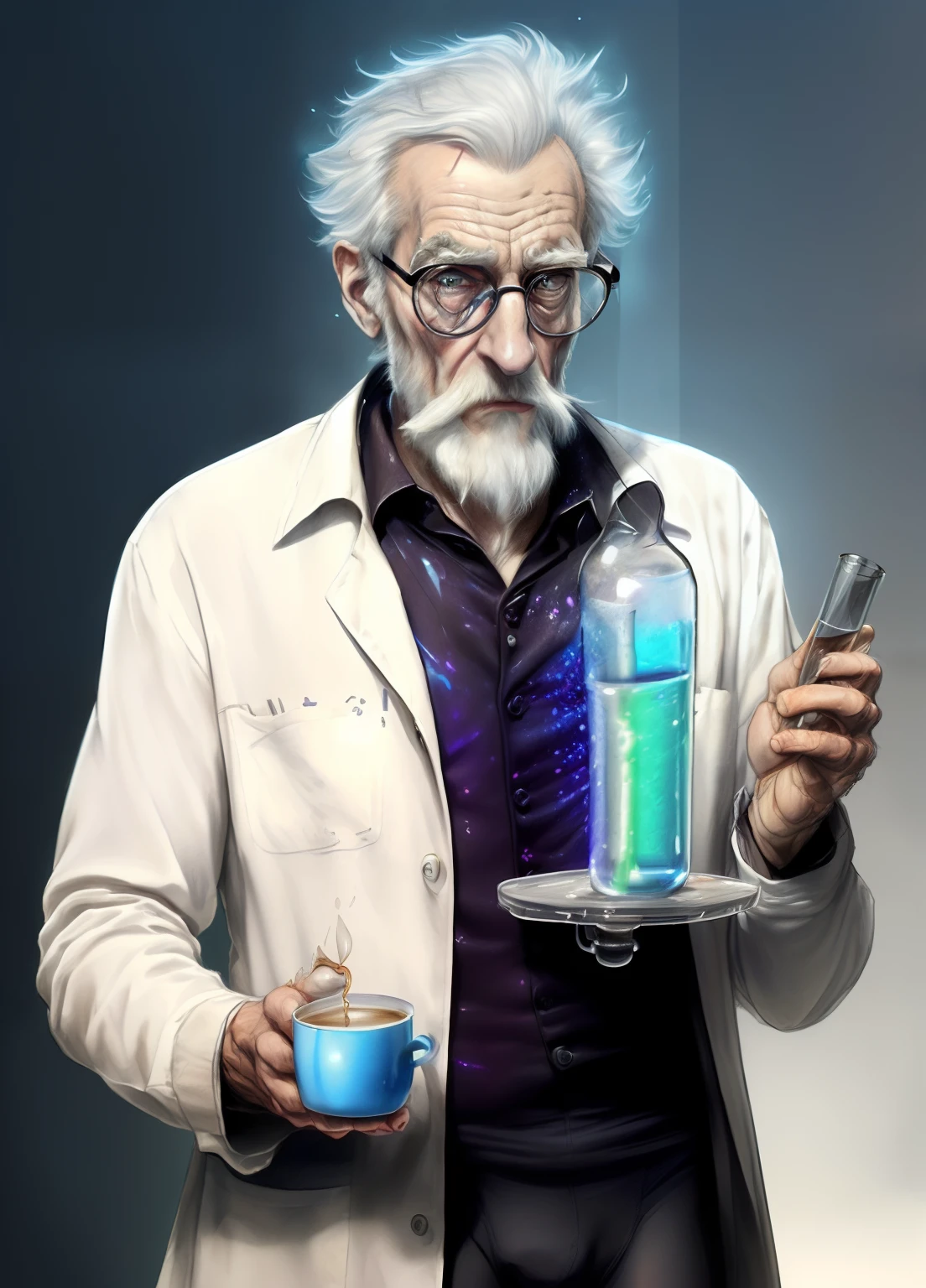 Black and white (((Pencil Sketch))) on cartridge paper of (((Lanky tall very old Aged maniac scientist))) , flip glasses, greying hair, ((hooked nose)), translucent pale flaking skin, prominent frontal lobe forehead )), very skinny frame defined physique,  ((wearing men’s white singlet and underwear , with a cup of coffee in left hand,  right hand a splatter of iridescent liquid projection out of test tube  , mad scientist, pencil sketch senior artist, mad scientist working, ((skinny male)) fantasy scientist, elite scientist, aetherpunk digital art, (((jewish old skinny scientist))), pencil sketch style , scientist, portrait of mad scientist in different scenarios , art inspired by durer and Greg rutkowski