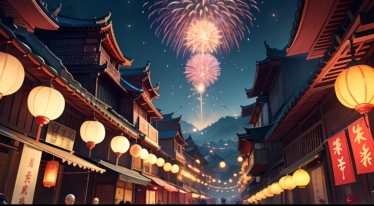 Fireworks and lanterns are lit in Taiwanese cities, background artwork, background art, Onmyoji detailed art, A dreamy Taiwanese village, Summer Festival Night, G Liulian Art Style, fireworks show, ros tran. scenic background, animation background art, beautiful artwork illustration, making: Shitao, trending in CGSTATION, colorful anime movie background