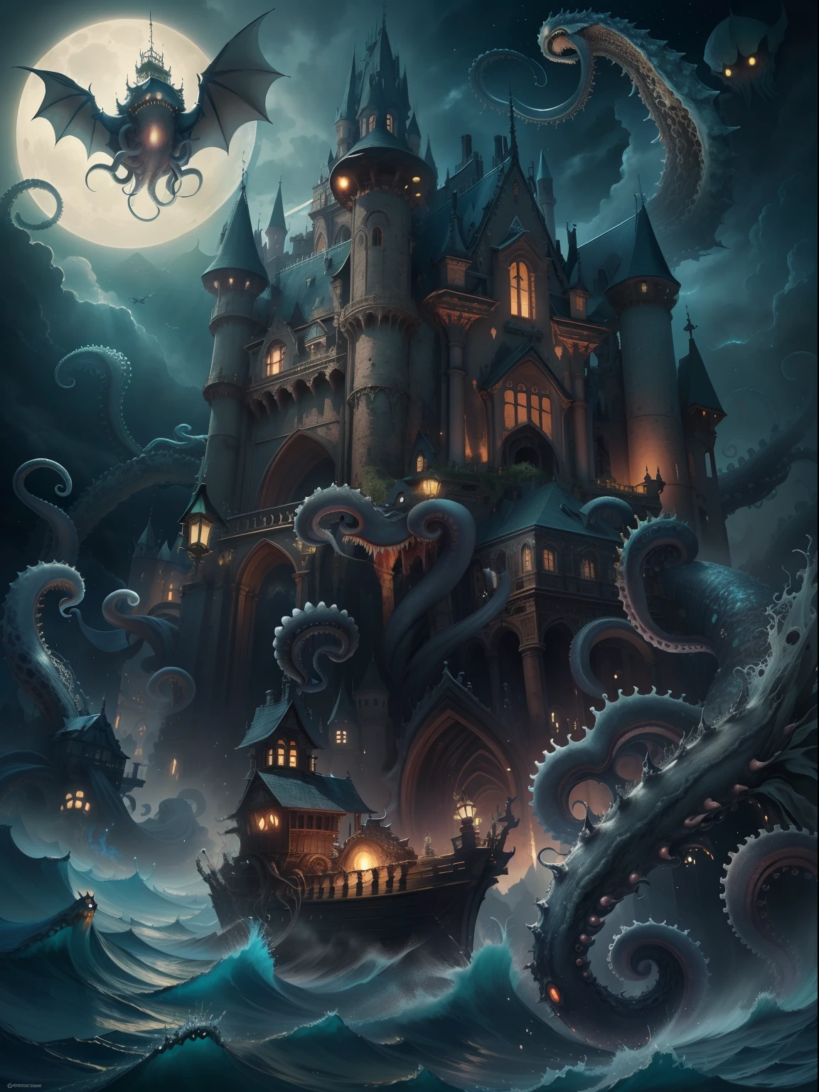 tmasterpiece:Dark castle on the move,The bat hovers,Below is the sea monster,Sea Monster Tentacles,Octopus tentacles,the night,rays of moonlight,magic,shock,an ominous fantasy illustration,(Look at the perspective from the bottom up)。(number art,Official artistic aesthetics,k hd,8K,Super meticulous,higher details,Exquisitely)