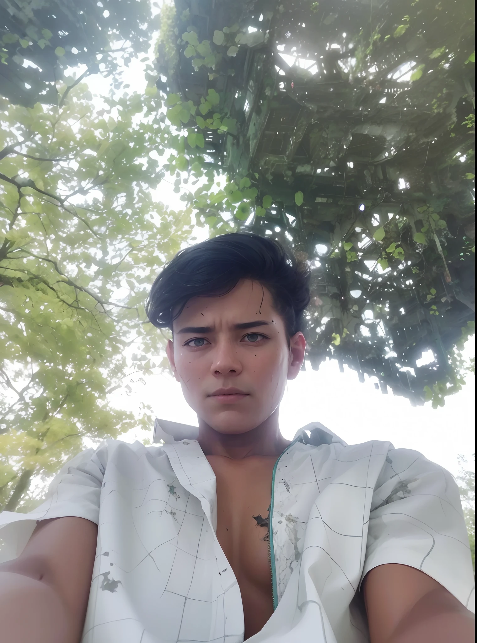 ,do not change face, 8k, ultra realistic, only change the bacround withsurreal architecture, surreal abandoned buildings, abandoned flying future city,decrepit,Broken,Armageddon,Dilapidated building,Buildings overgrown with plants,the night,Black sky,Spooky atmosphere,Japanese-style architecture