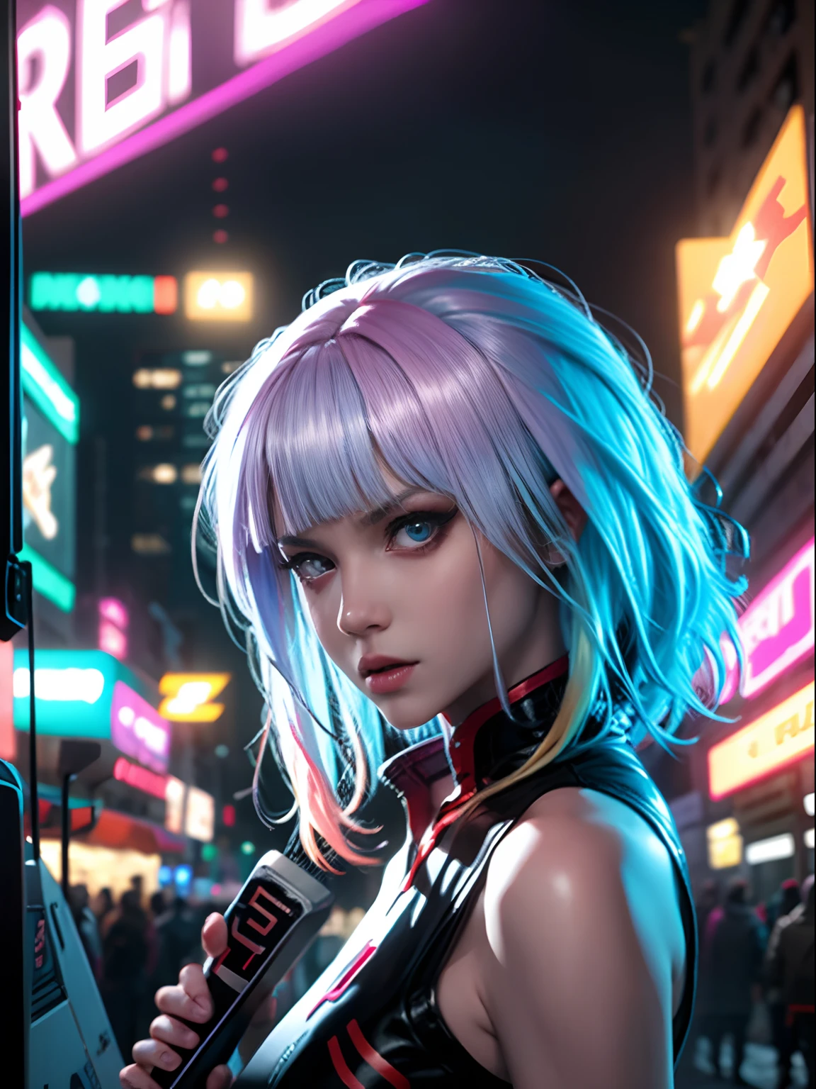 Rowdy Girl, in cyberpunk style, holding a hockey stick, Cool expression on face, at the night market, backlight, extremely realistic, 8k, insane details, intricate details, cinematic color grade, color grading, editorial photography, Photography, sharp focus, taken with a 60mm lens, ISO 300, f/4, 1/200th (out of the world illustration)
