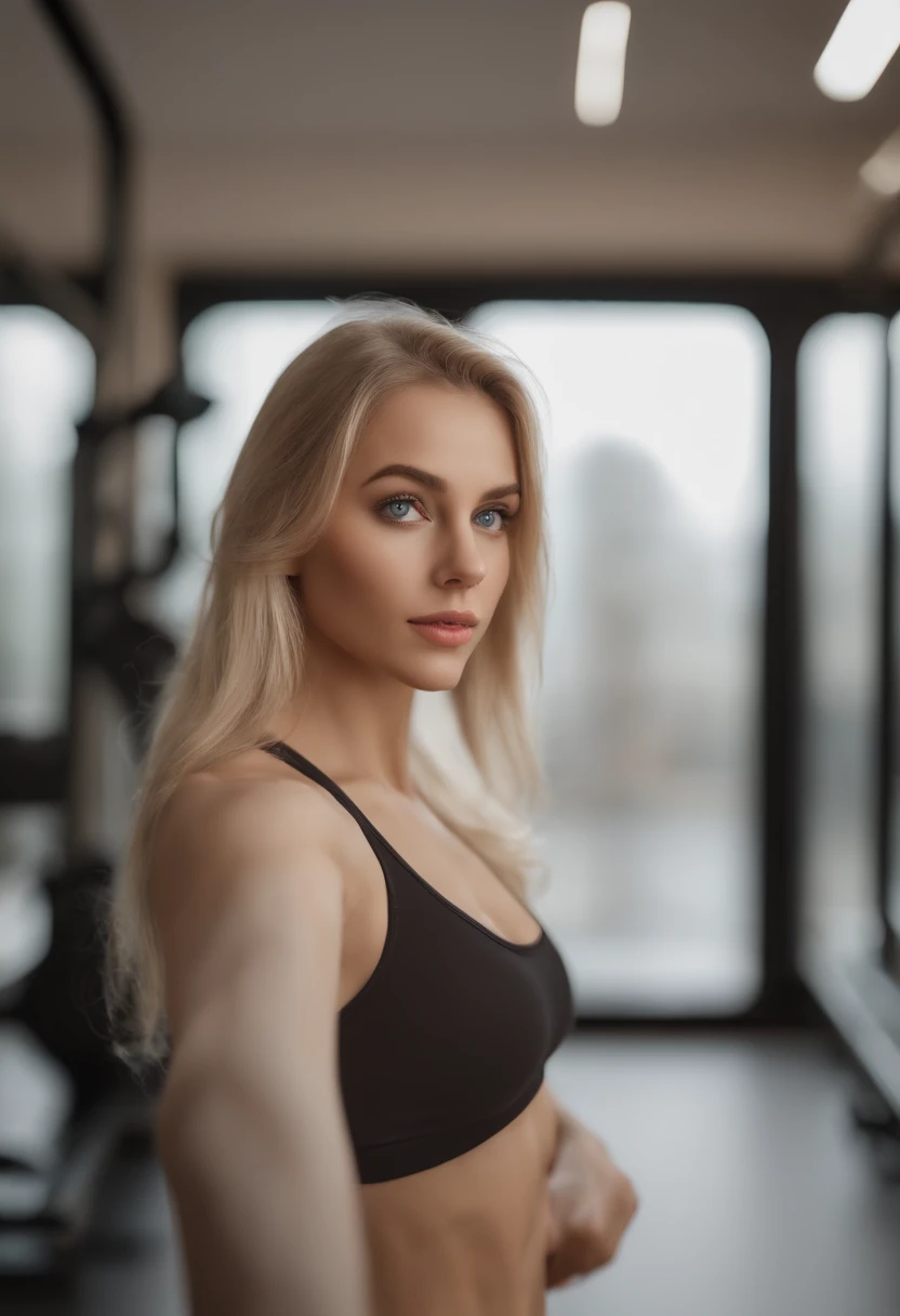 arafed woman fully, sexy girl with blue eyes, ultra realistic, meticulously detailed, blonde hair and large eyes, selfie of a young woman, without makeup, natural makeup, face with artgram, subtle makeup, in the gym, butt in leggins, taking selfie in the mirror, medium to large size bust, full body visible