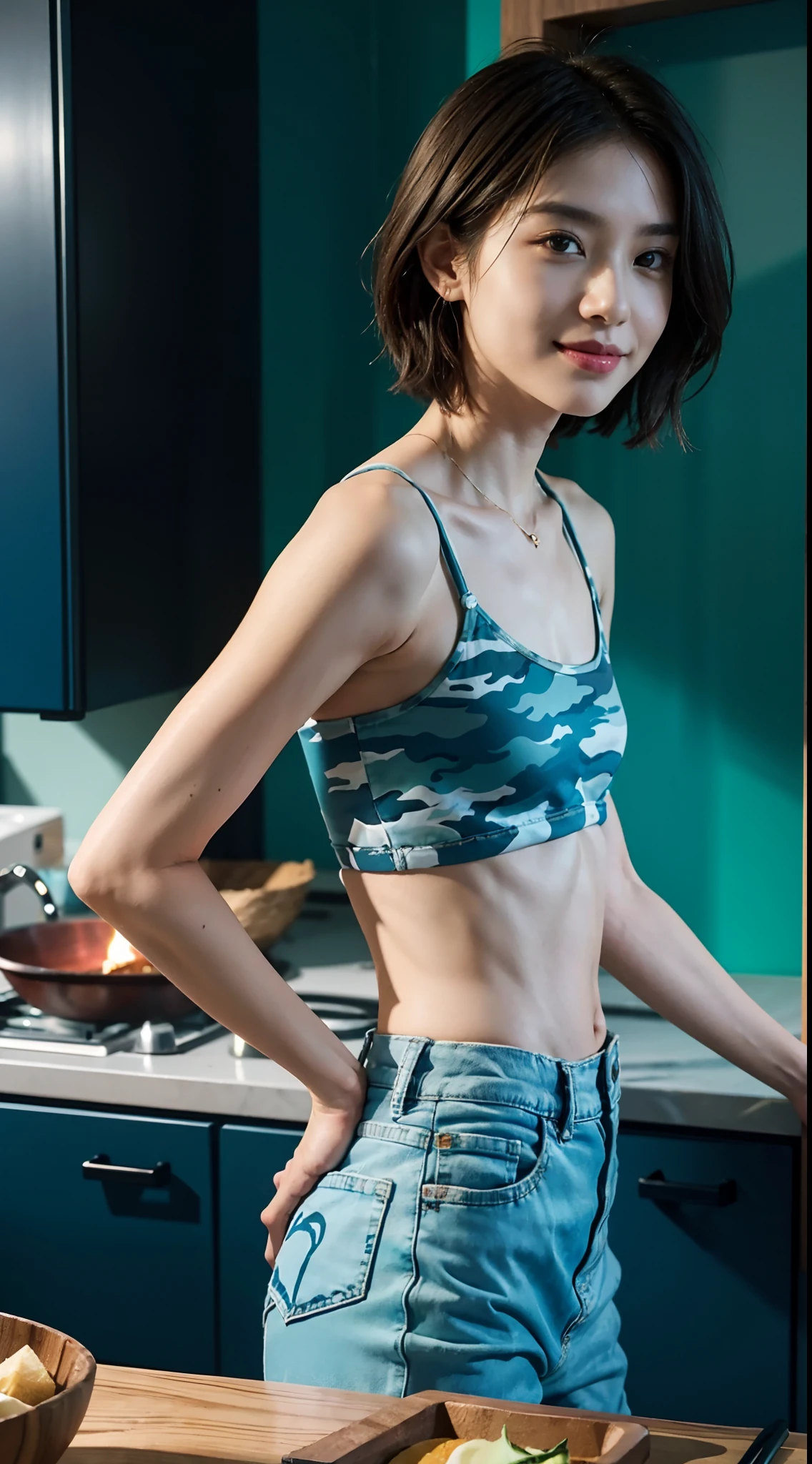 (Small lower chest,Tomboyish,small heads)), (Well-defined abs: 1.1), (perfect bodies: 1.1), (short-length straight short hair: 1.2), attractive collarbone，（极其细致的CG 8k壁纸），（Extremely refined and beautiful），（tmasterpiece），（best qualtiy：1.0），（超高分辨率：1.0），upper body，[A high resolution]，cheerfulness，Smile，Smooth and flawless fair skin，ultra - detailed ，Elongated legs，（Small breasts:1.1),Flat chest,Slim，emaciated，（Blue camouflage denim jacket:1.4)，(White strap top tank:1.0),(Blue camouflage pants:1.4),In a kitchen，Teal background，Next to the stovetop，Cooking，from front，Close shot，nightfall，warm light,Several dishes on table，standing