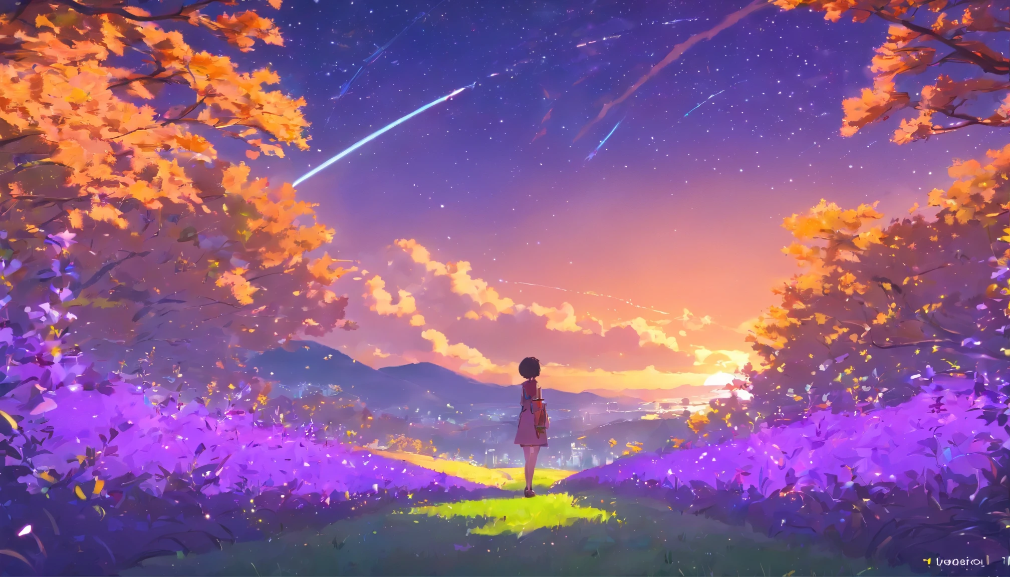 Vast landscape photos,(look from down,Above is the sky,Below are open fields),a girl standing on flower field looking up,(moon full:1.2),(meteors:0.9),(Starcloud:1.3),Far Mountain, Tree BREAK making art,(Warm light source:1.2),(glowworm:1.2),lamp lights,lot of purple and orange,intricate-detail,Volumetric Lighting BREAK(tmasterpiece:1.2),(best qualtiy),4K,ultra - detailed,(dynamic compositions:1.4),Plenty of detail,plethora of colors,(Irridescent color:1.2),(with light glowing,Atmospheric lighting),dream magical,Magical,(独奏:1.2
