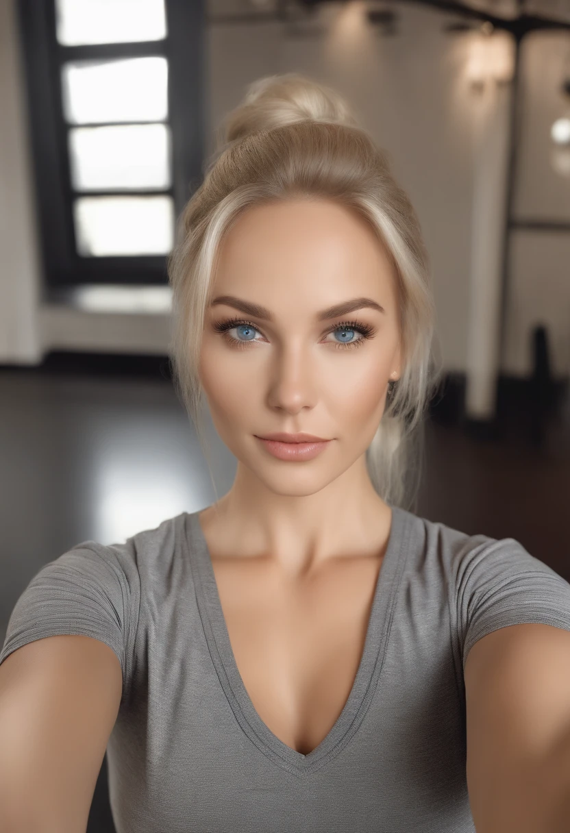 arafed woman fully, sexy girl with blue eyes, ultra realistic, meticulously detailed, blonde hair and large eyes, selfie of a young woman, without makeup, natural makeup, face with artgram, subtle makeup, in the gym, butt in leggins, taking selfie in the mirror, medium to large size bust, full body and legs visible
