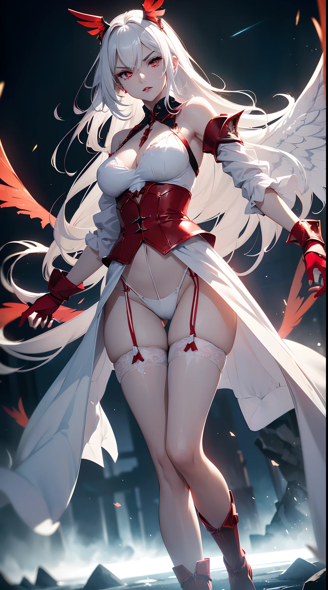 20 year old young woman( Long white hair ),(bright red eyes)<=(eyes HD lighting) (has red lips), beautiful eyebrows (badass expression) both hands have red bracelets on the arms (wears clothes made of transparent white cloth) (sexy white underwear model Garter Belt ) (has 6 large wings with a beautiful bright green color) (He wears gold bracelets on both feet) (sky setting at sunset) (there is an effect of bright red particles flying in the background, (flying) (pose during serious fighting) <=(lunging forward)giving an elegant and epic impression.dark atmosphere with bright particle light(many effects in background)