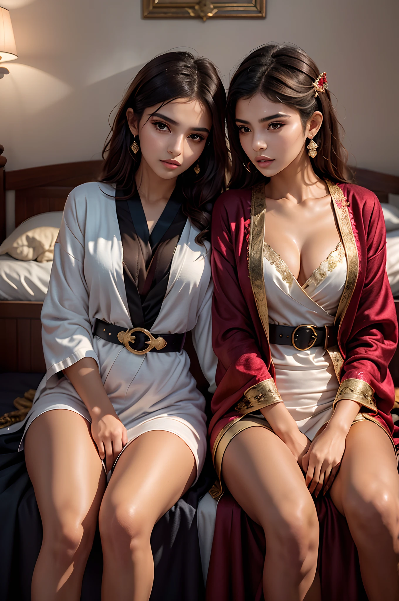 Mavtan Moroccan Islamic surreal super detail,model shoot,Two girls sitting together,duo,Dynamic pose,leering,(Dream belt,Dream robes,Fantastic ribbons),Hug and touch each other,Biting a friend's earlobe, Hug each other from behind, Touch your friend's chest from below,
