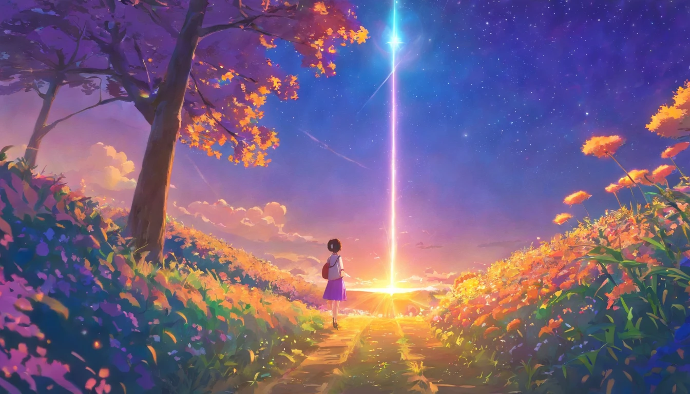 Vast landscape photos,(look from down,Above is the sky,Below are open fields),a girl standing on flower field looking up,(moon full:1.2),(meteors:0.9),(Starcloud:1.3),Far Mountain, Tree BREAK making art,(Warm light source:1.2),(glowworm:1.2),lamp lights,lot of purple and orange,intricate-detail,Volumetric Lighting BREAK(tmasterpiece:1.2),(best qualtiy),4K,ultra - detailed,(dynamic compositions:1.4),Plenty of detail,plethora of colors,(Irridescent color:1.2),(with light glowing,Atmospheric lighting),dream magical,Magical,(独奏:1.2