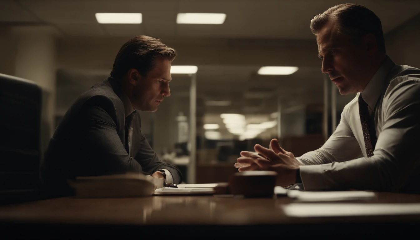 A man inside an office slamming his hands on his desk while another man in front of him looks at him startled