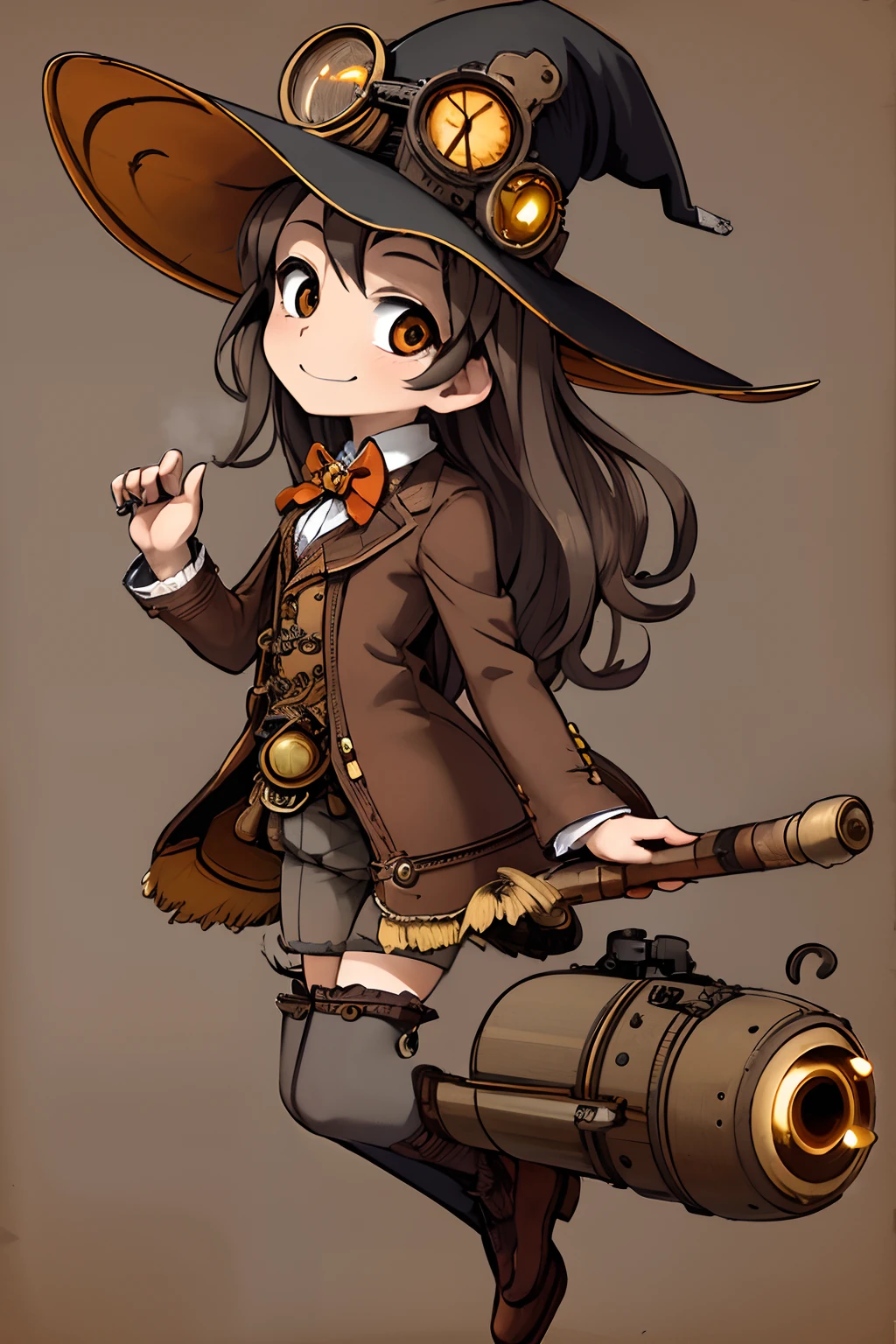 steampunkai。one girls。Cute little girl s。Cute witch。Cheerful smile。Long wavy brown ash hair。Fly through the daytime sky on a steampunk broom。The background is a steampunk townscape。