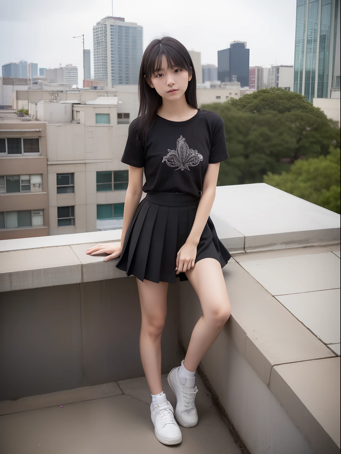 wariza，Knees，年轻，(pleatedskirt，a miniskirt)，tshirts，s girl，Delicate body，petite body，Delicate body，small tits，tiny chest，Short，A dark-haired，Very Longhair，On the roof of a building